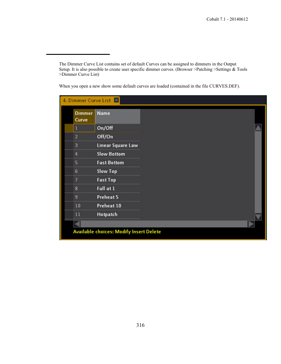 Dimmer curve list | ETC Cobalt Family v7.1.0 User Manual | Page 317 / 1055