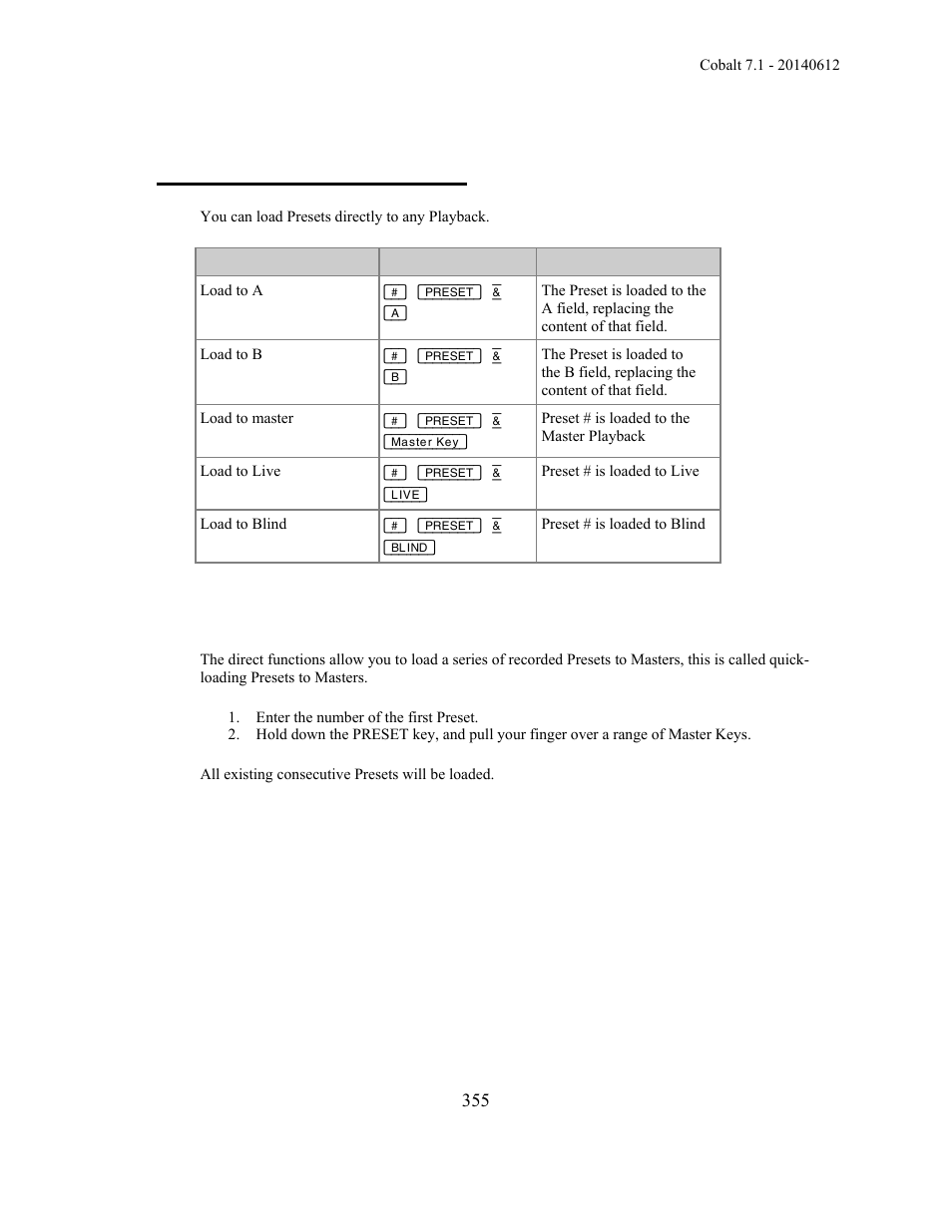 Presets - load to playbacks | ETC Cobalt Family v7.1.0 User Manual | Page 356 / 1055