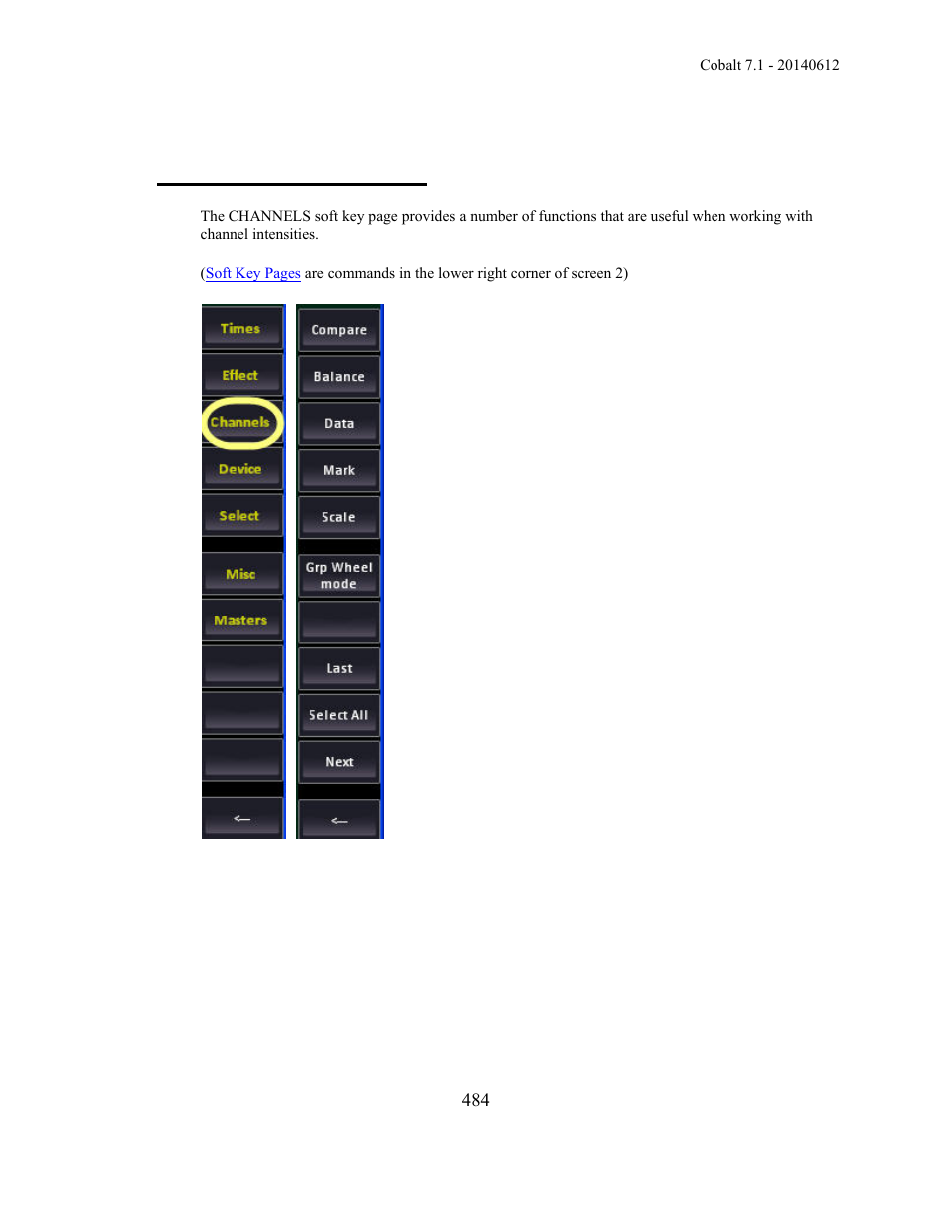 Channels - soft key page | ETC Cobalt Family v7.1.0 User Manual | Page 485 / 1055