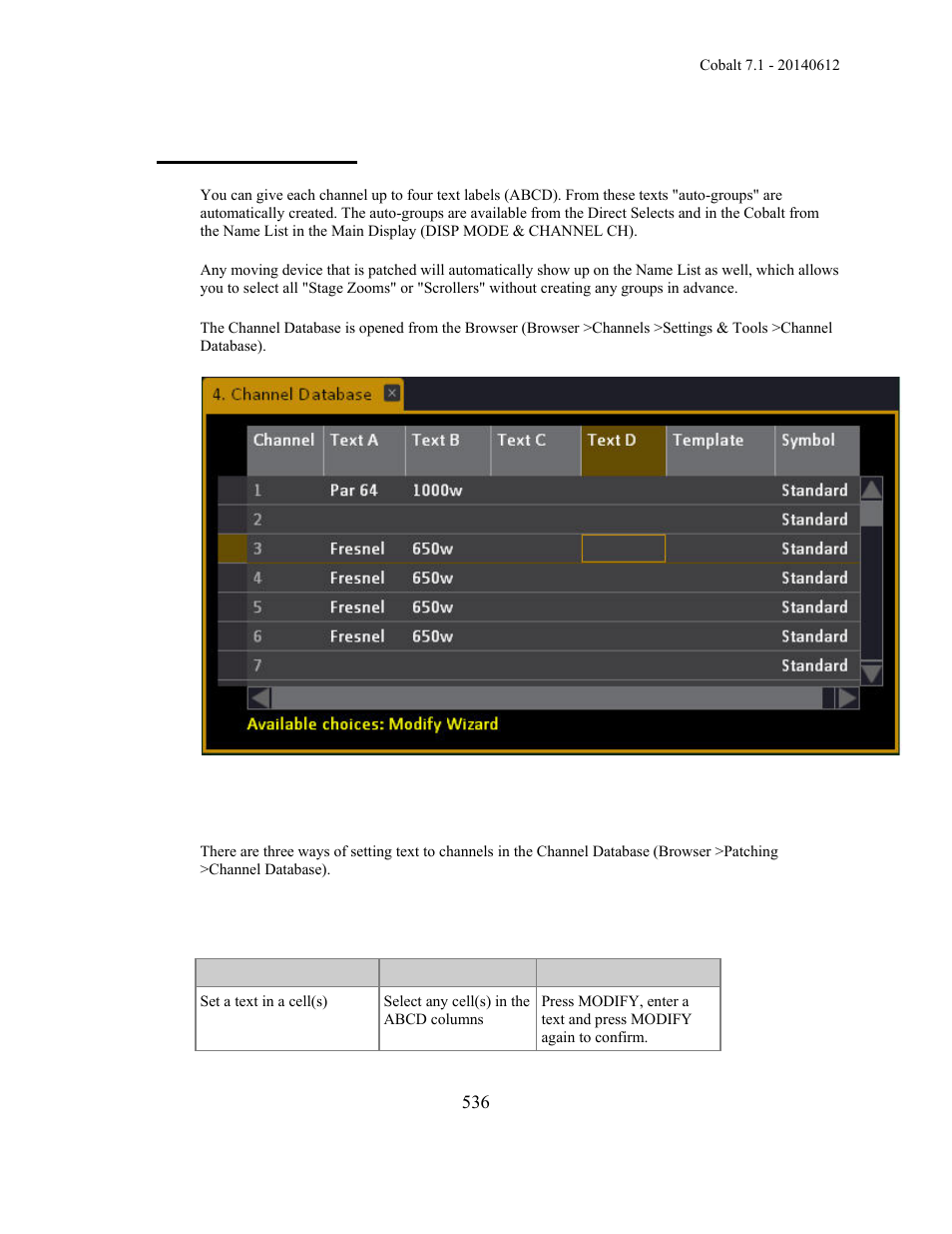 Channel database | ETC Cobalt Family v7.1.0 User Manual | Page 537 / 1055