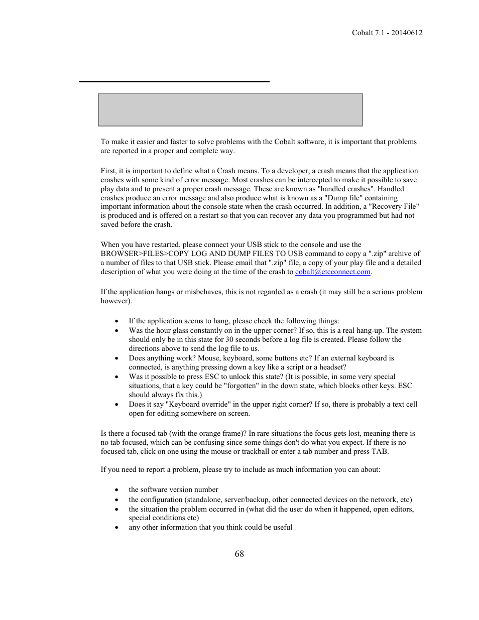 Troubleshooting - crashes & bugs | ETC Cobalt Family v7.1.0 User Manual | Page 69 / 1055