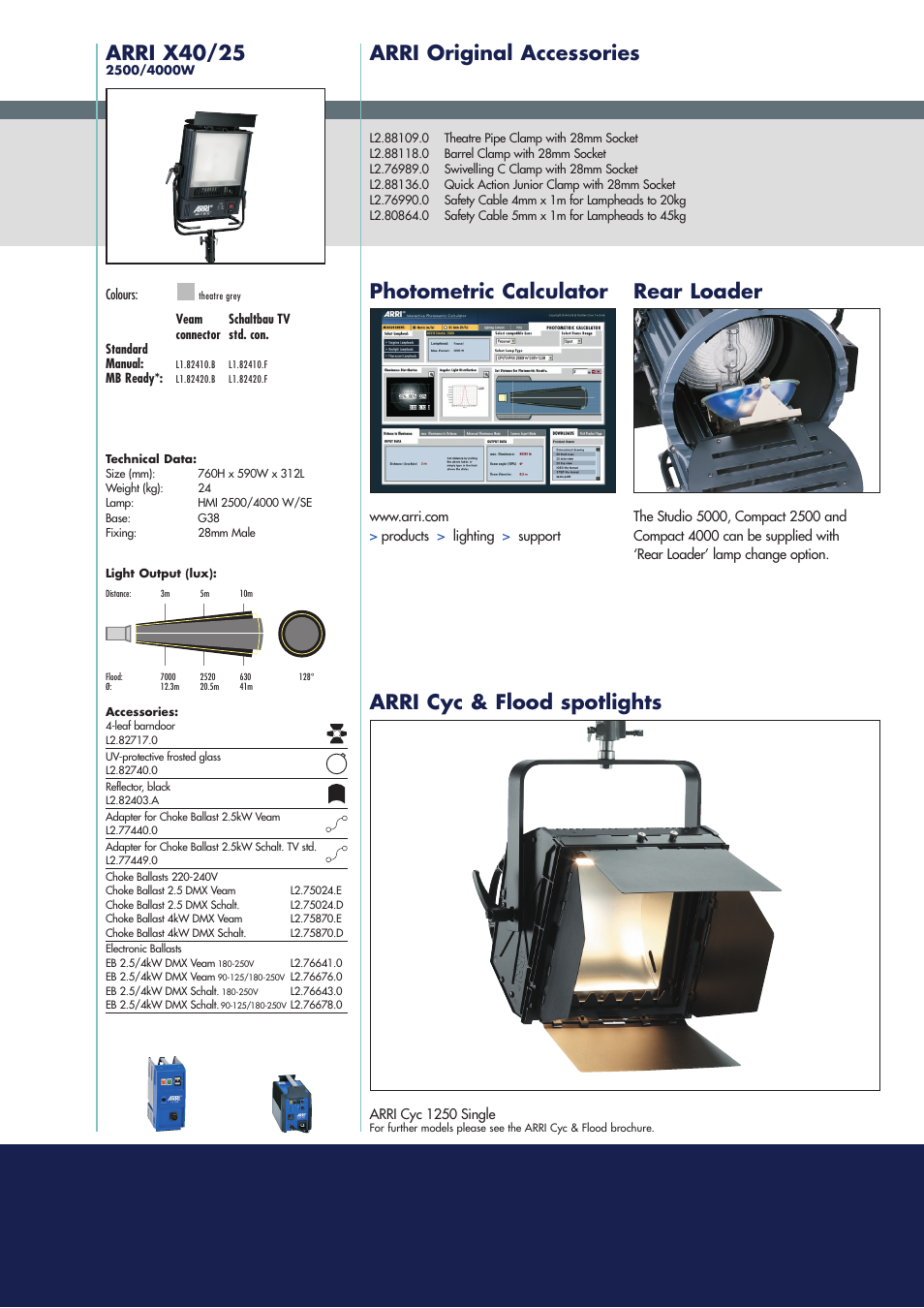 Arri x40/25, Arri original accessories photometric calculator, Rear loader | Arri cyc & flood spotlights | ARRI A4 User Manual | Page 5 / 6