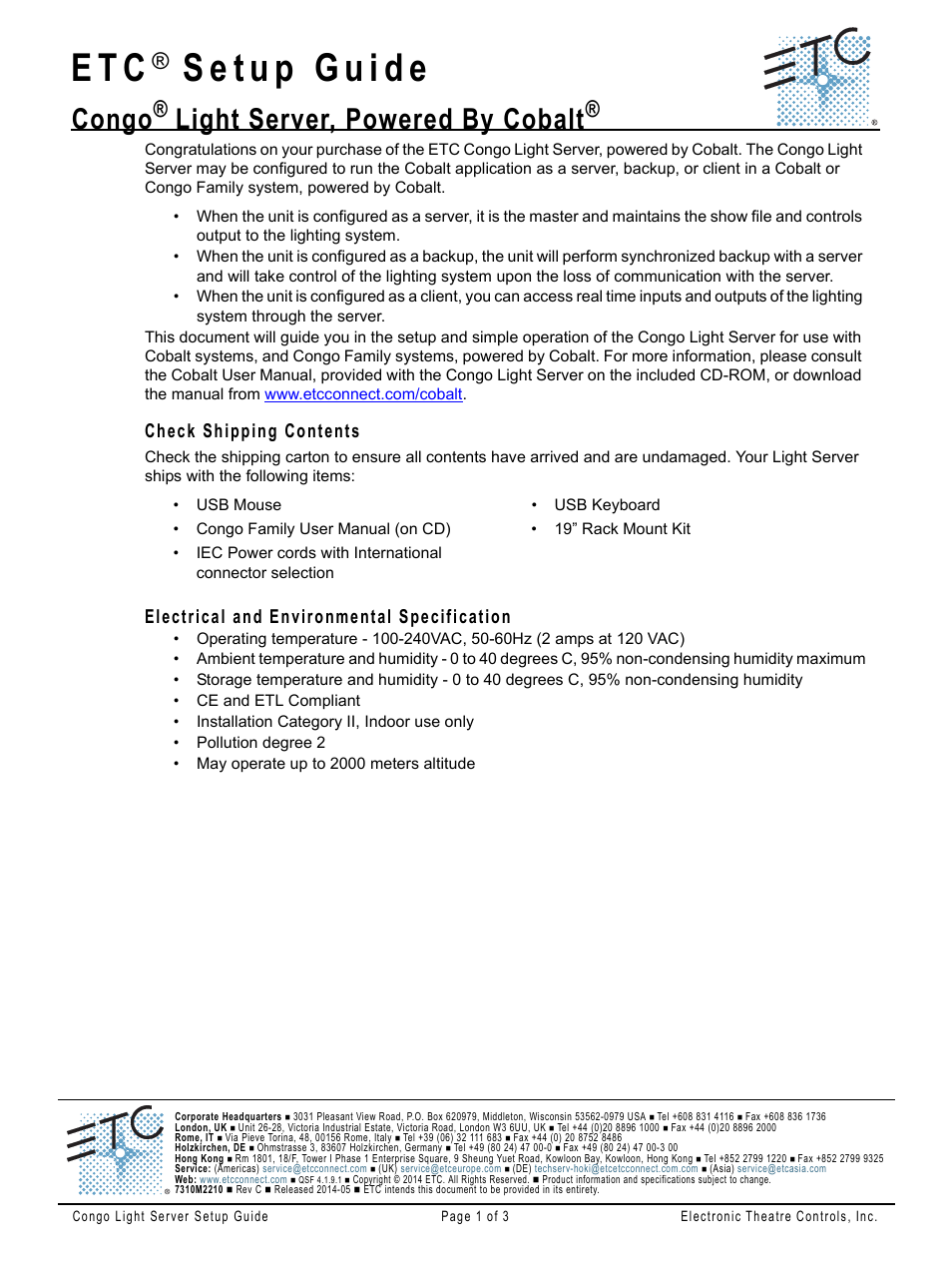 ETC Congo Light Server powered by Cobalt Setup Guide User Manual | 3 pages