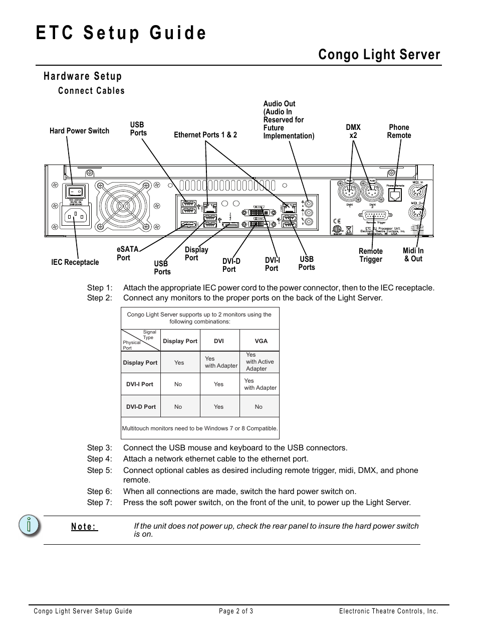 Hardware setup, Connect cables, Congo light server | N o t e | ETC Congo Light Server powered by Cobalt Setup Guide User Manual | Page 2 / 3