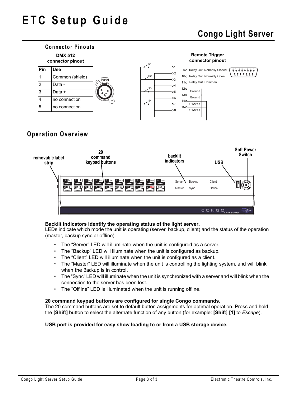 Connector pinouts, Operation overview, Congo light server | ETC Congo Light Server powered by Cobalt Setup Guide User Manual | Page 3 / 3