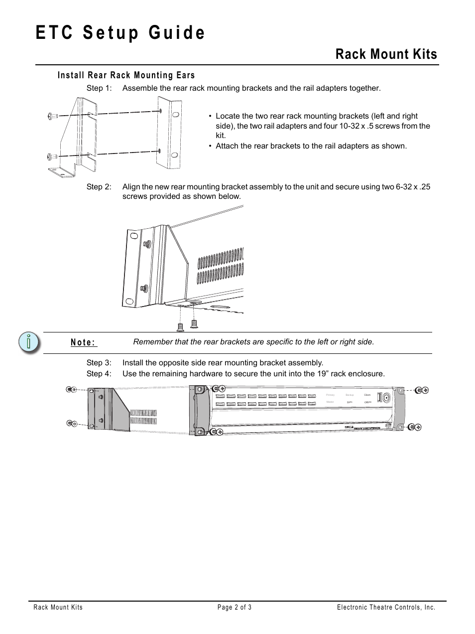 Install rear rack mounting ears, Rack mount kits, N o t e | ETC 2U and 3U Rack Mount Kit Setup Guide User Manual | Page 2 / 3