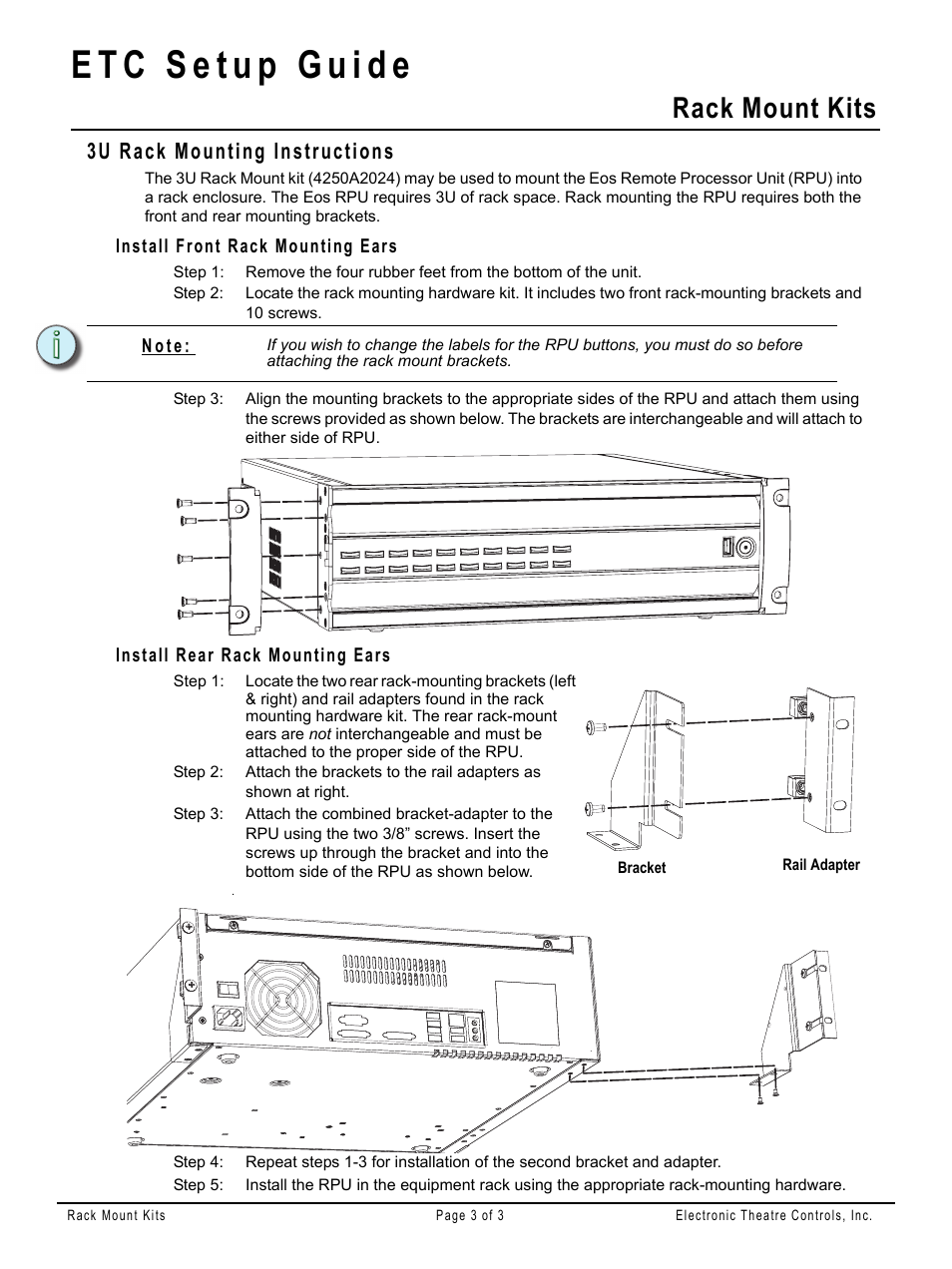 3u rack mounting instructions, Install front rack mounting ears, Install rear rack mounting ears | Rack mount kits | ETC 2U and 3U Rack Mount Kit Setup Guide User Manual | Page 3 / 3