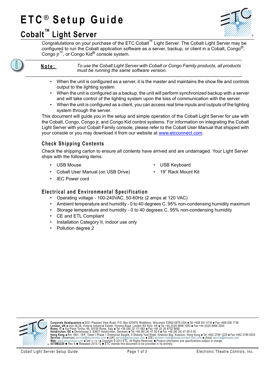 ETC Cobalt Light Server Setup Guide User Manual | 3 pages