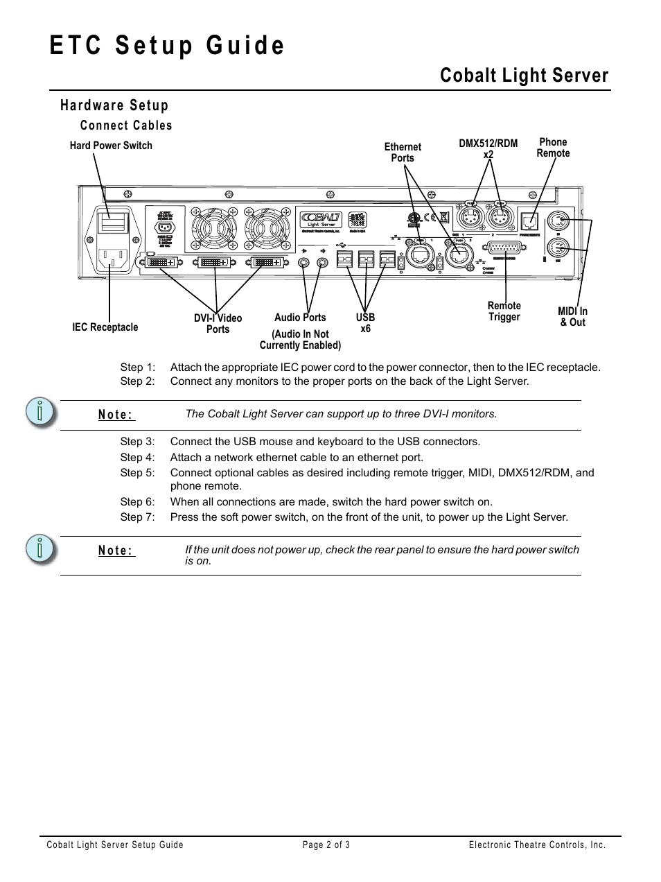 Hardware setup, Connect cables, Cobalt light server | ETC Cobalt Light Server Setup Guide User Manual | Page 2 / 3