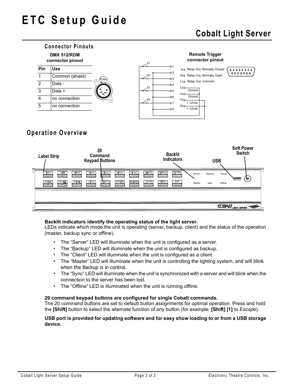 Connector pinouts, Operation overview, Cobalt light server | ETC Cobalt Light Server Setup Guide User Manual | Page 3 / 3