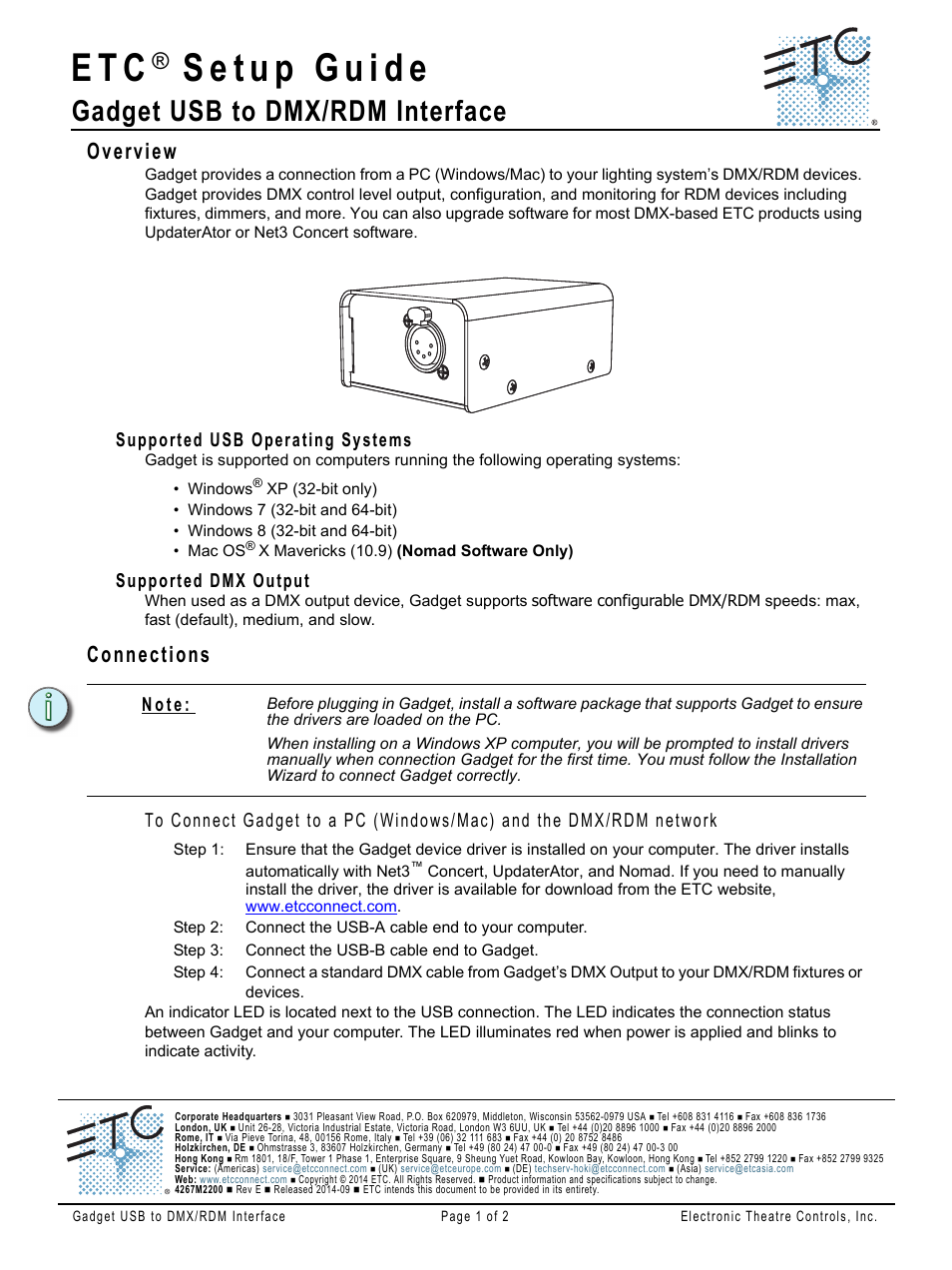 ETC Gadget USB to DMX Interface Setup Guide (Rev E) User Manual | 2 pages