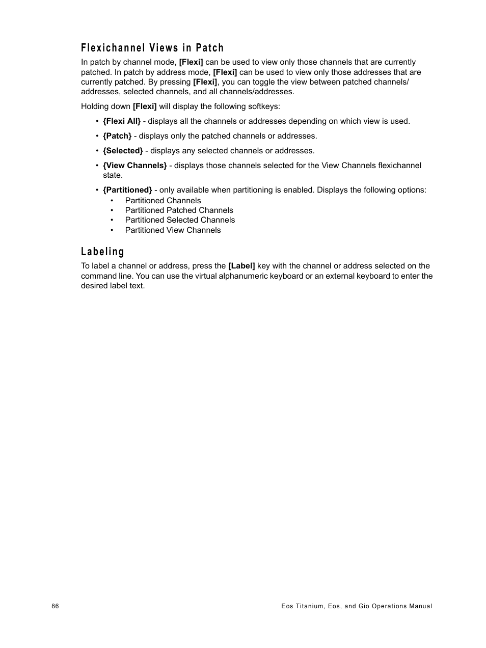 Flexichannel views in patch, Labeling, Flexichannel views in patch labeling | ETC Eos Titanium, Eos, and Gio v2.0.0 User Manual | Page 104 / 476