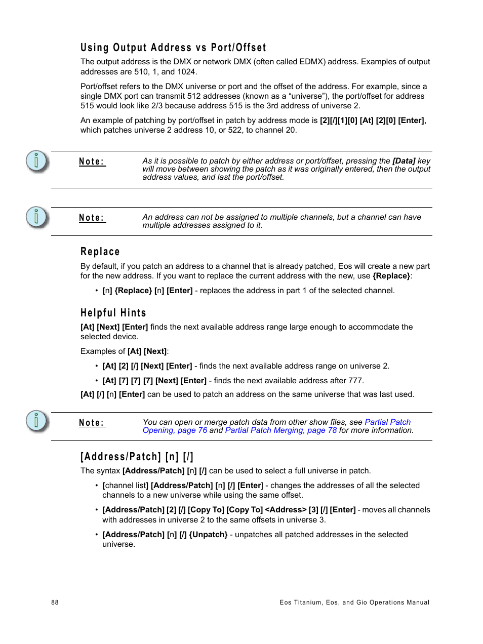 Using output address vs port/offset, Replace, Helpful hints | Address/patch] [n, See “using output address vs port/offset” on | ETC Eos Titanium, Eos, and Gio v2.0.0 User Manual | Page 106 / 476