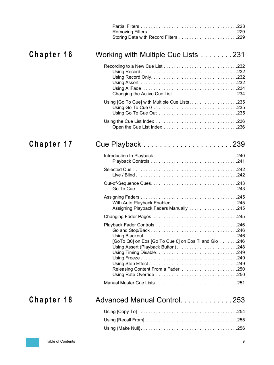 Working with multiple cue lists, Cue playback, Advanced manual control | ETC Eos Titanium, Eos, and Gio v2.0.0 User Manual | Page 11 / 476