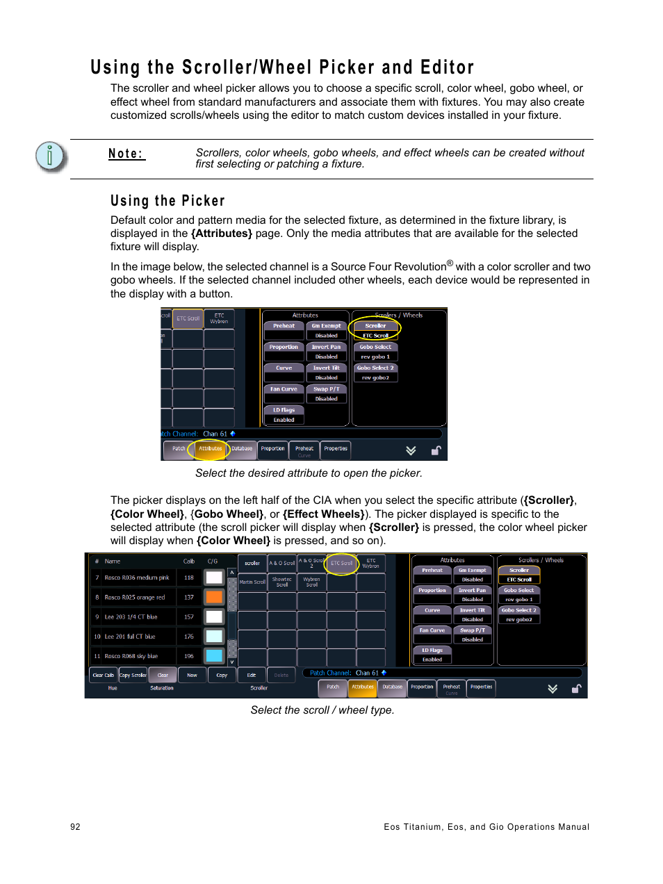 Using the scroller/wheel picker and editor, Using the picker, Using the scroller/wheel picker and | ETC Eos Titanium, Eos, and Gio v2.0.0 User Manual | Page 110 / 476