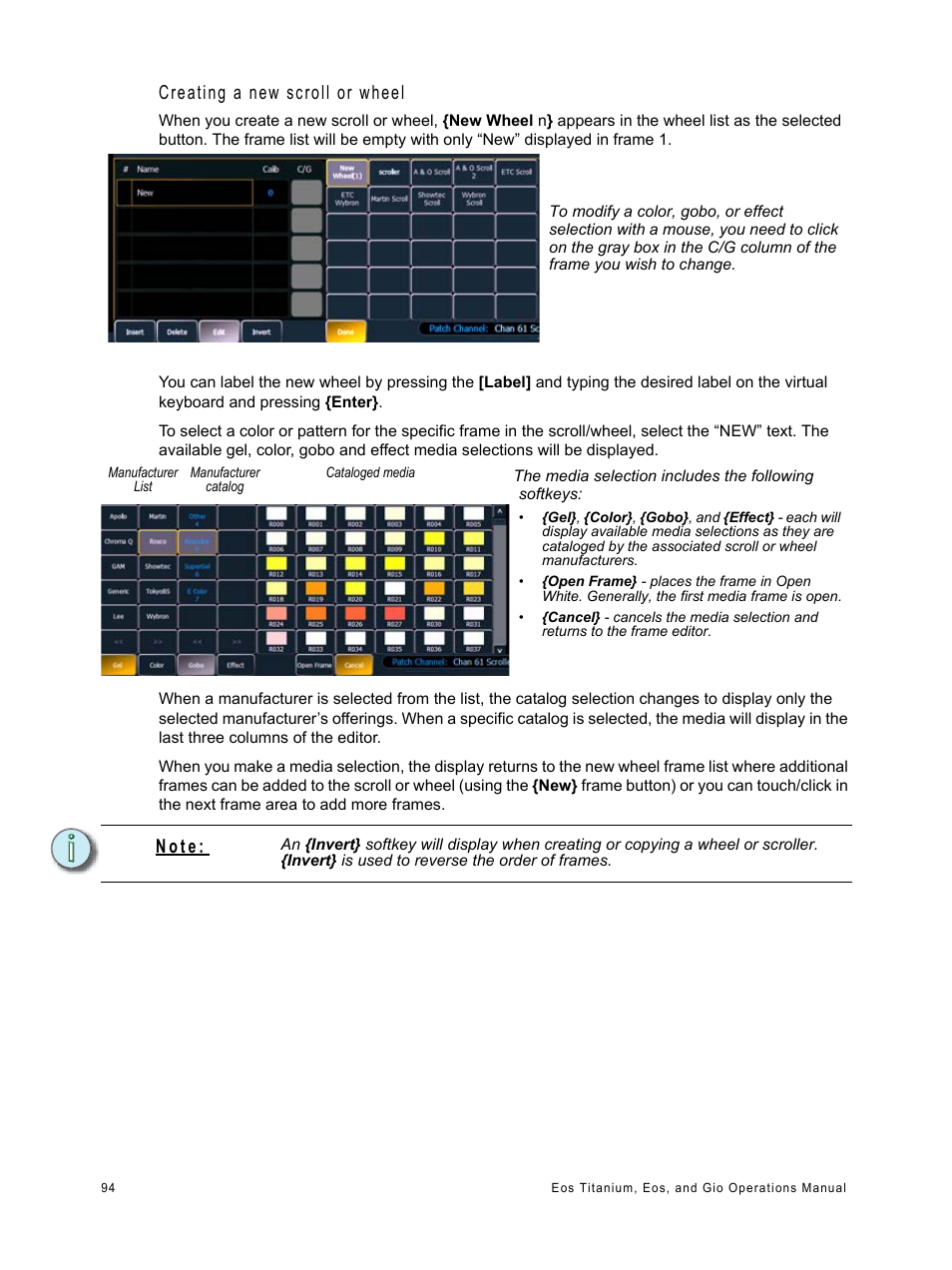 Creating a new scroll or wheel, N o t e | ETC Eos Titanium, Eos, and Gio v2.0.0 User Manual | Page 112 / 476