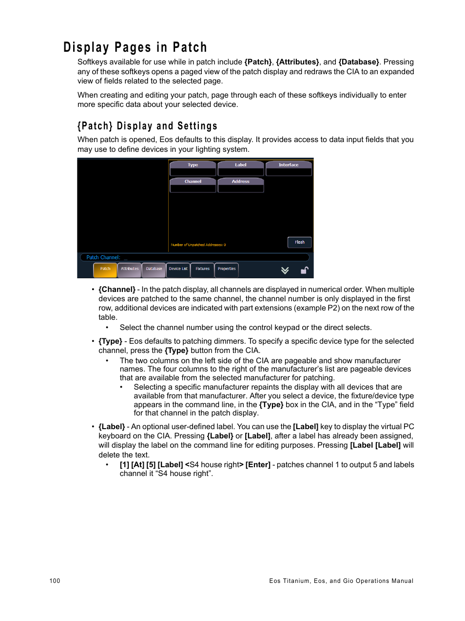 Patch} display and settings, Patch, Display pages in patch | ETC Eos Titanium, Eos, and Gio v2.0.0 User Manual | Page 118 / 476