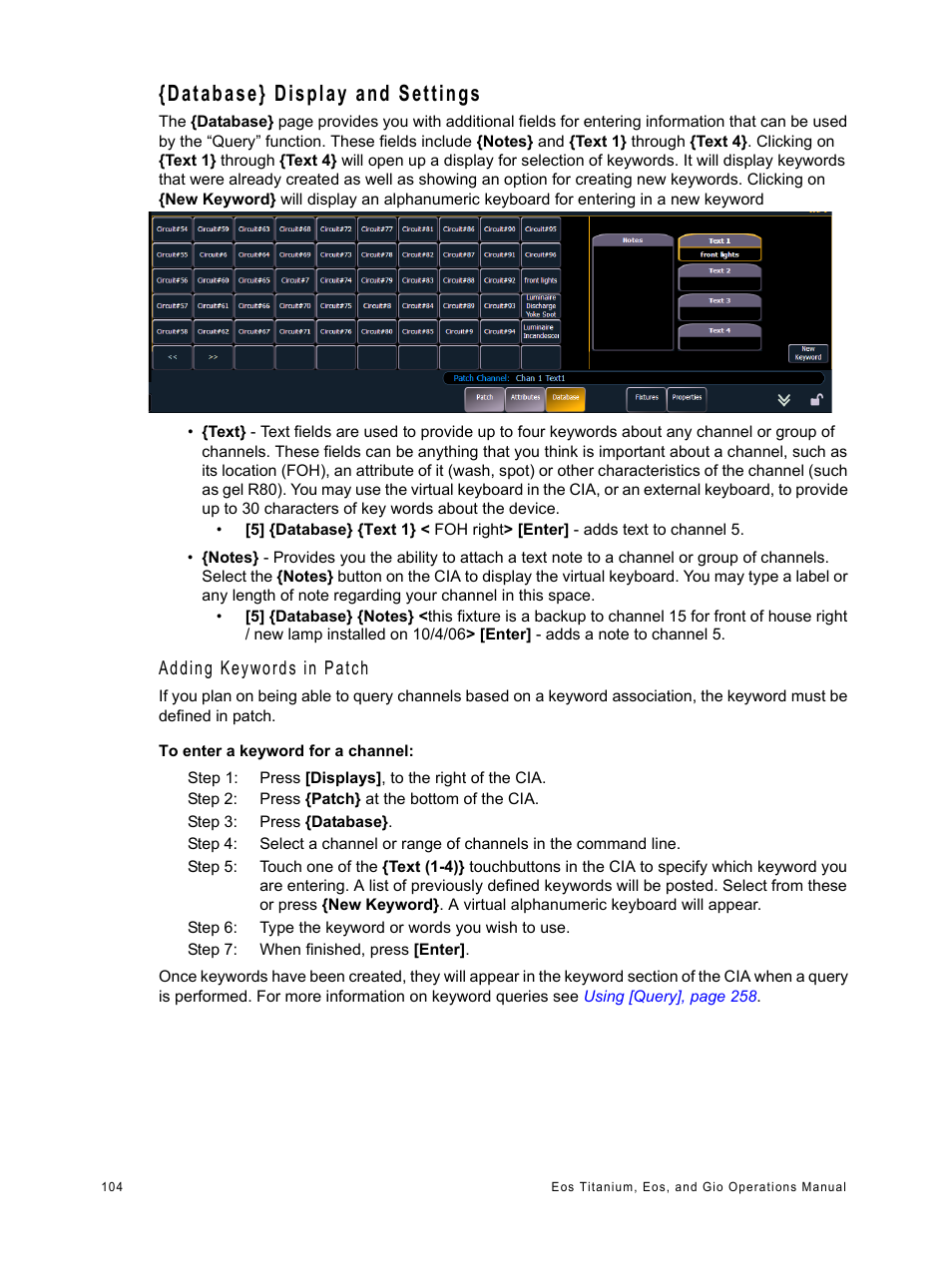 Database} display and settings, Adding keywords in patch | ETC Eos Titanium, Eos, and Gio v2.0.0 User Manual | Page 122 / 476