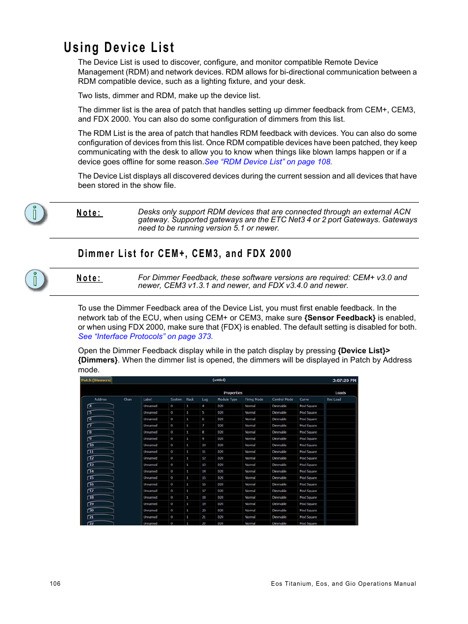 Using device list, Dimmer list for cem+, cem3, and fdx 2000, T device list, see | ETC Eos Titanium, Eos, and Gio v2.0.0 User Manual | Page 124 / 476