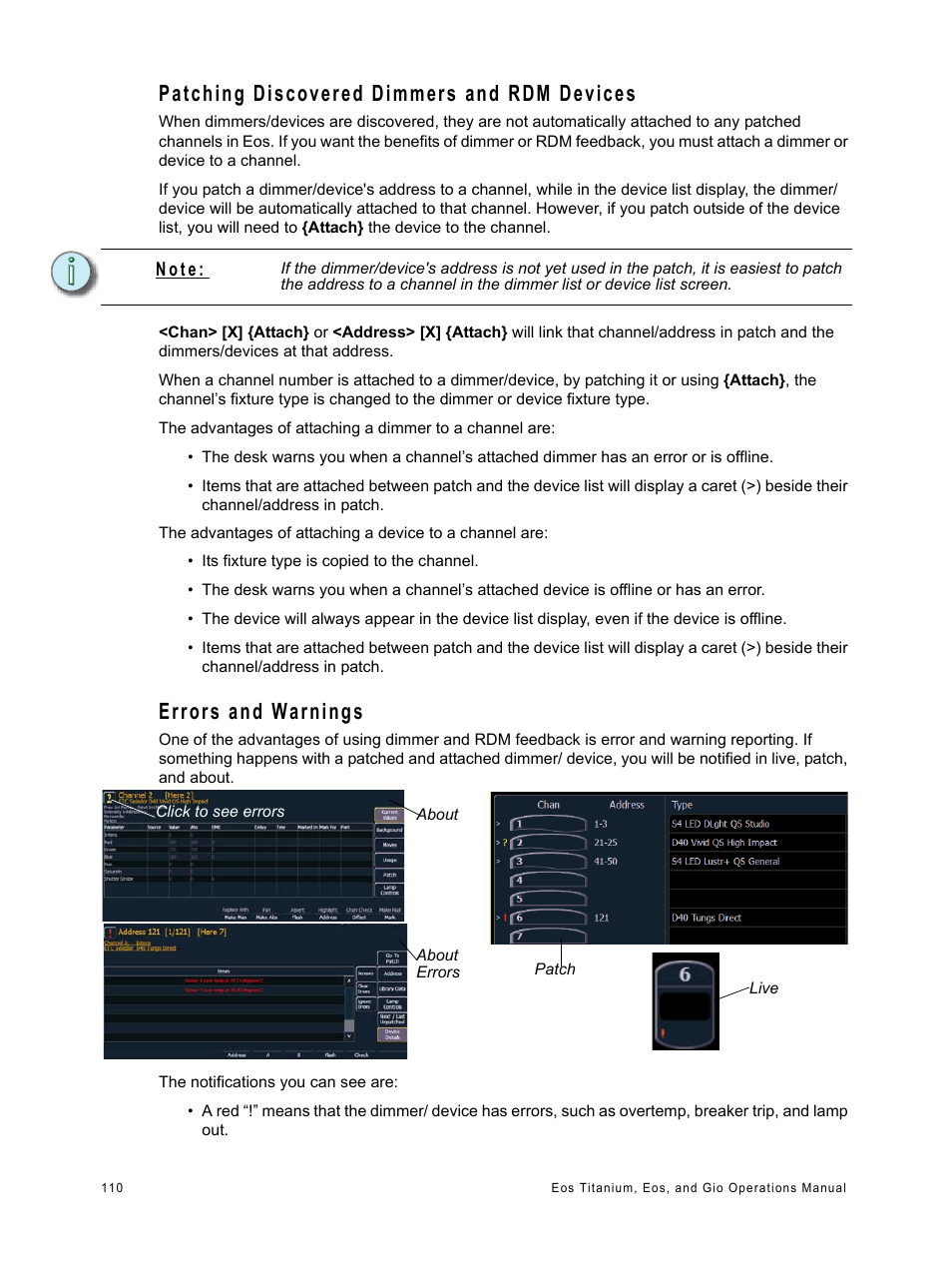 Patching discovered dimmers and rdm devices, Errors and warnings, N o t e | ETC Eos Titanium, Eos, and Gio v2.0.0 User Manual | Page 128 / 476