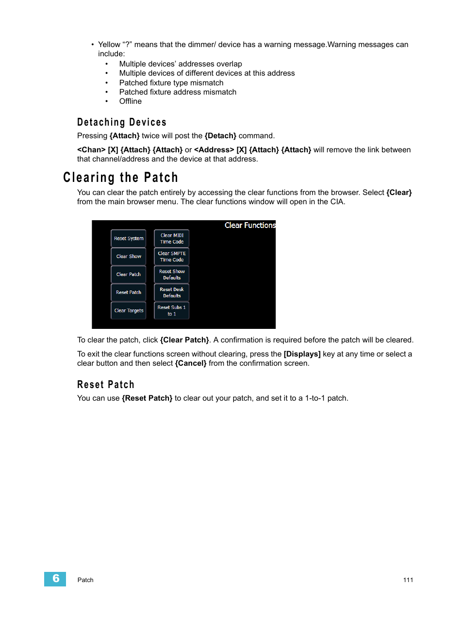 Detaching devices, Clearing the patch, Reset patch | ETC Eos Titanium, Eos, and Gio v2.0.0 User Manual | Page 129 / 476