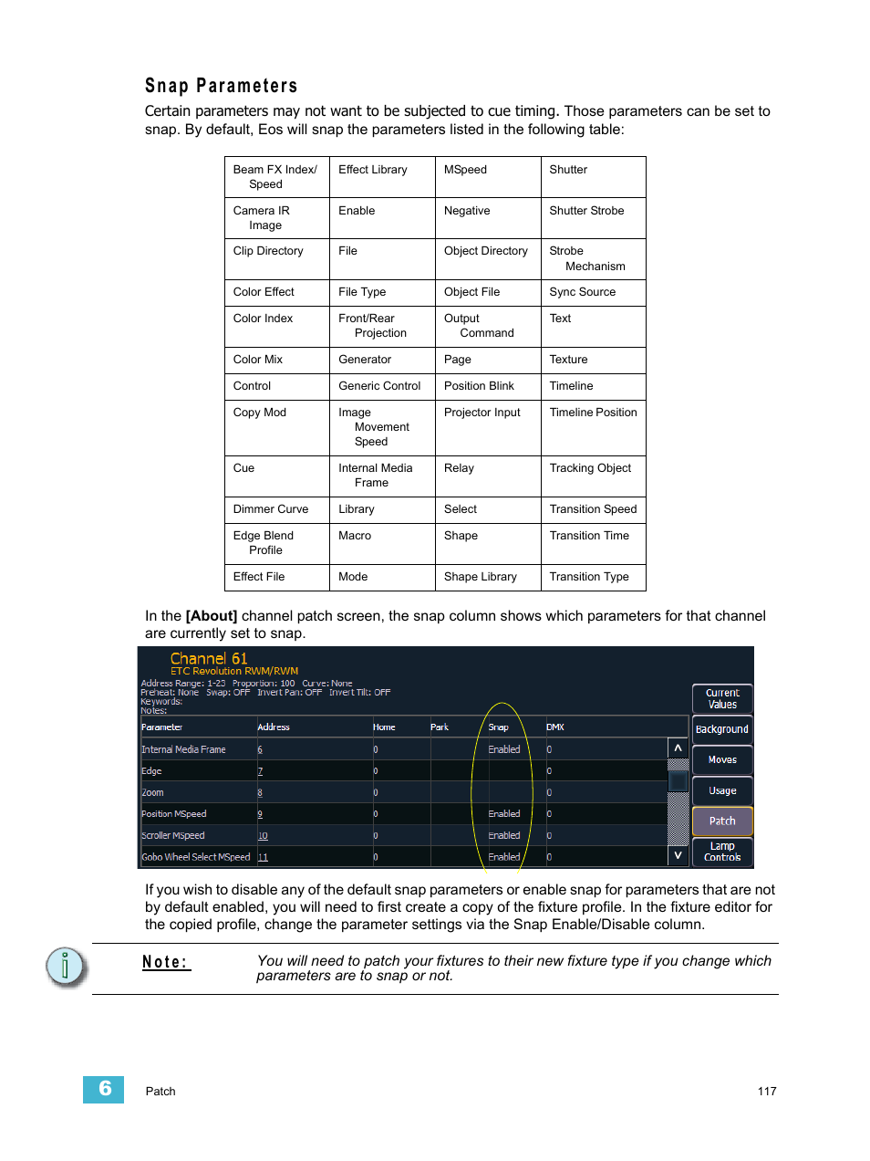 Snap parameters, N o t e | ETC Eos Titanium, Eos, and Gio v2.0.0 User Manual | Page 135 / 476