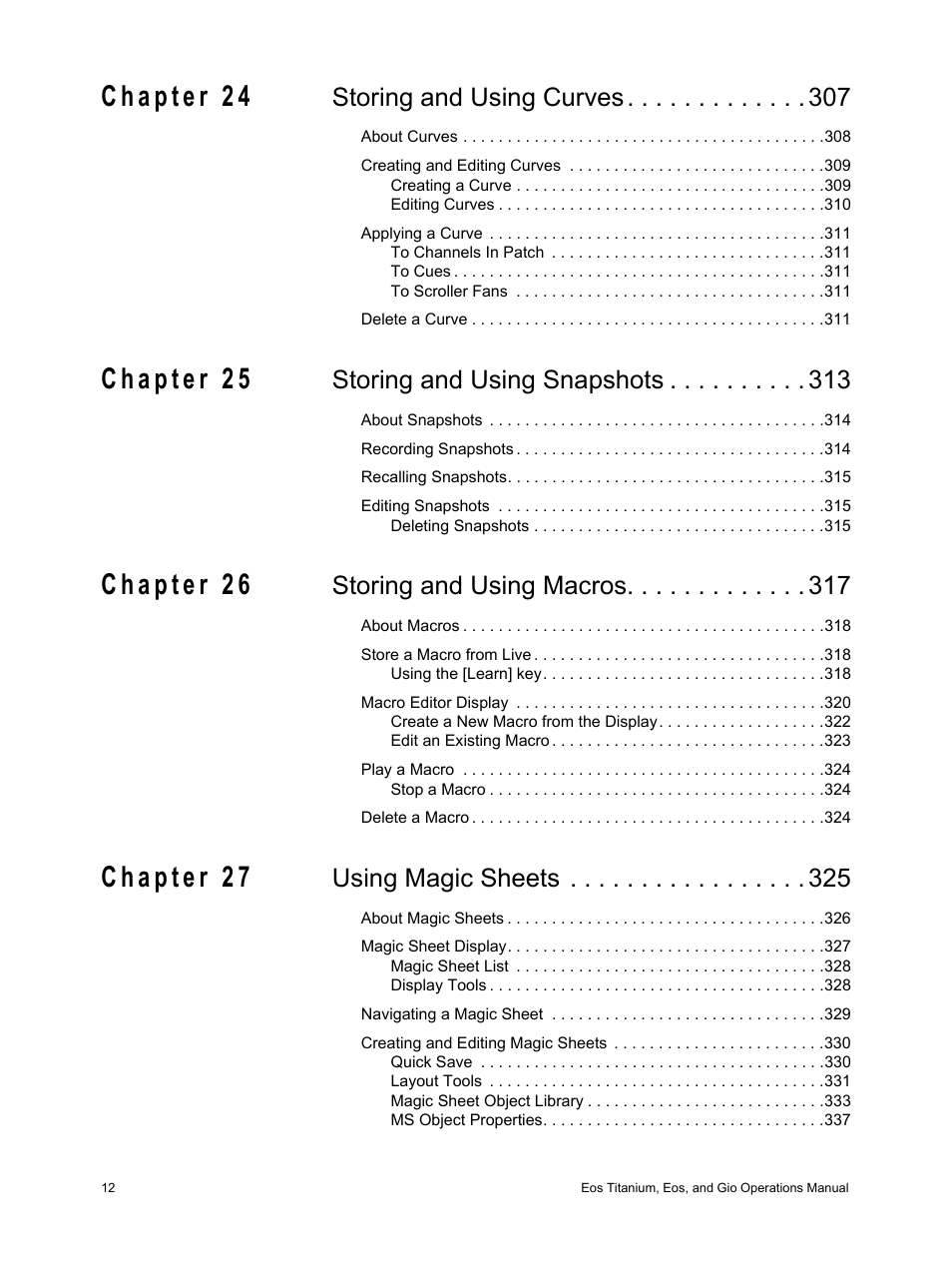 Storing and using curves, Storing and using snapshots, Storing and using macros | Using magic sheets | ETC Eos Titanium, Eos, and Gio v2.0.0 User Manual | Page 14 / 476