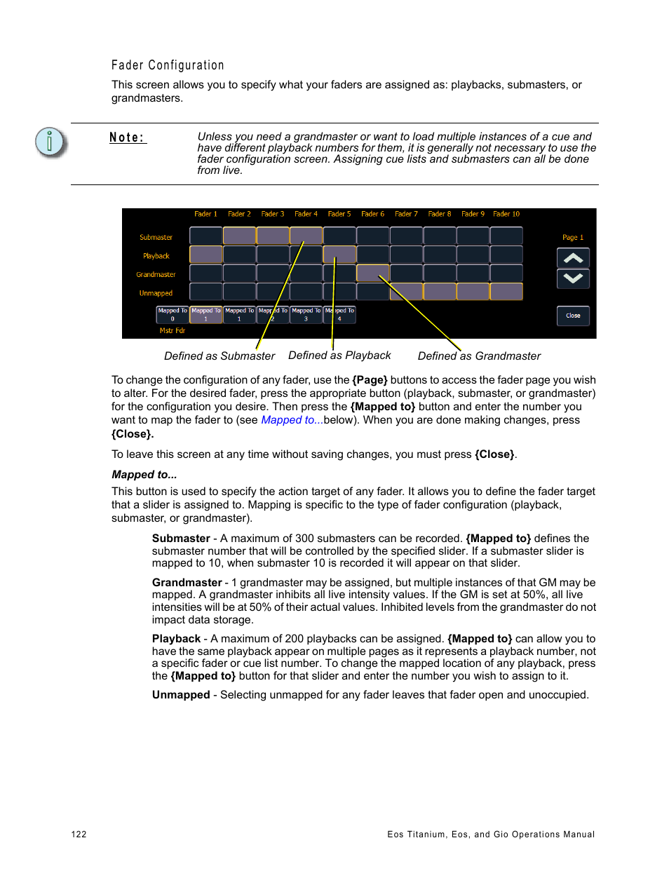 Fader configuration, N o t e | ETC Eos Titanium, Eos, and Gio v2.0.0 User Manual | Page 140 / 476