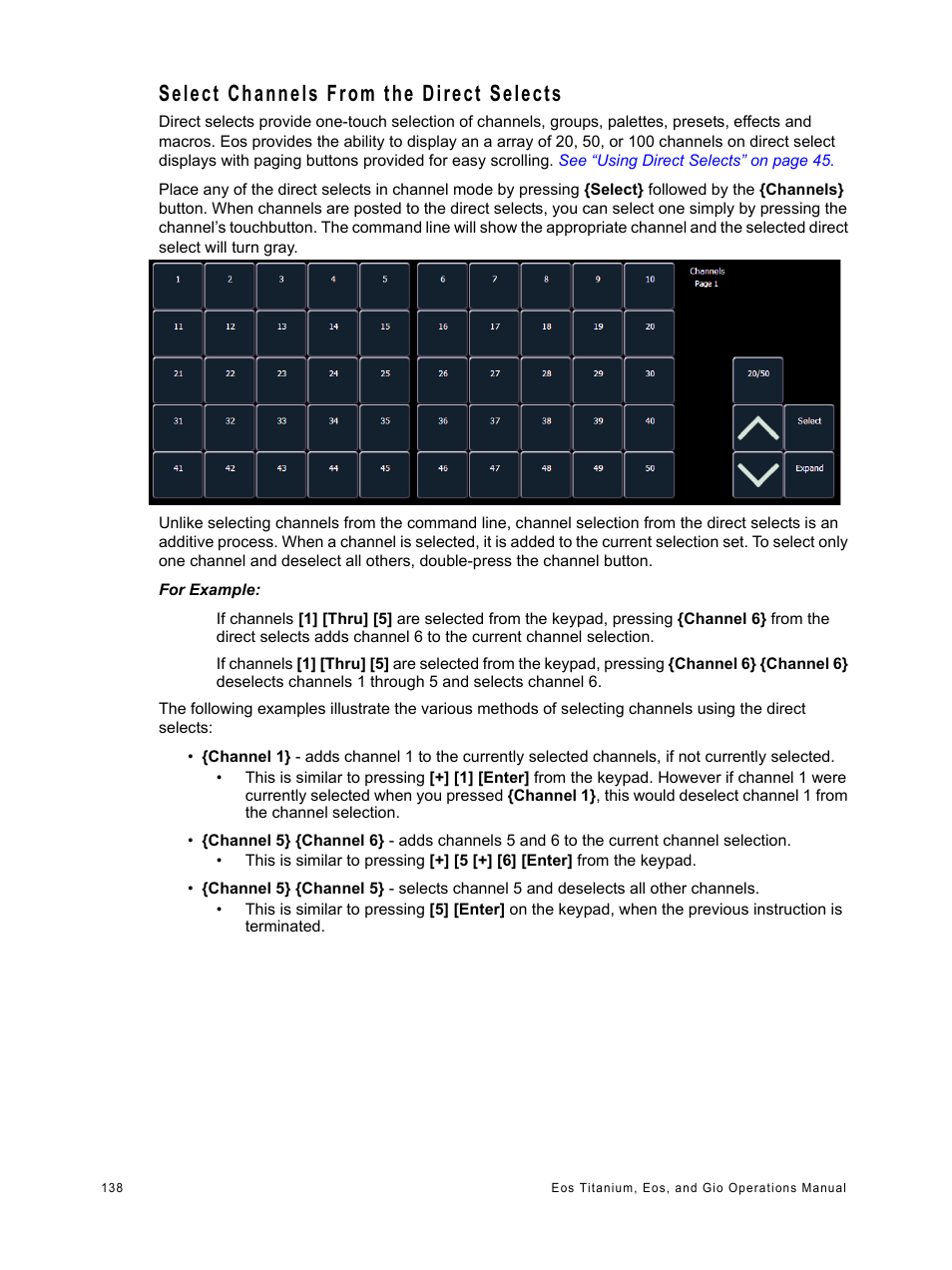 Select channels from the direct selects | ETC Eos Titanium, Eos, and Gio v2.0.0 User Manual | Page 156 / 476