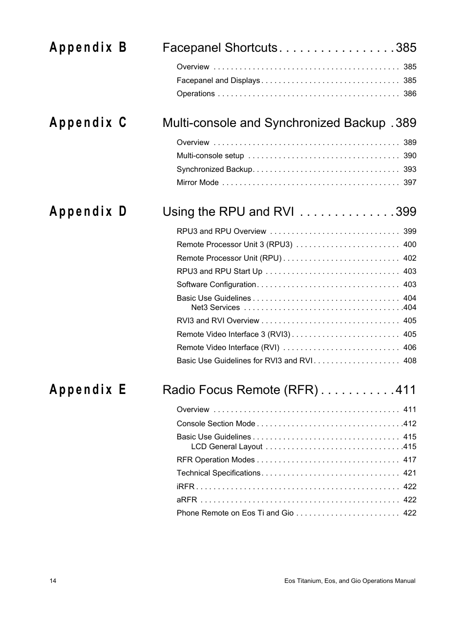 Facepanel shortcuts, Multi-console and synchronized backup . 389, Using the rpu and rvi | Radio focus remote (rfr) | ETC Eos Titanium, Eos, and Gio v2.0.0 User Manual | Page 16 / 476