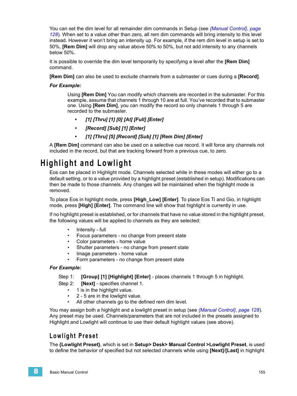 Highlight and lowlight, Lowlight preset | ETC Eos Titanium, Eos, and Gio v2.0.0 User Manual | Page 173 / 476