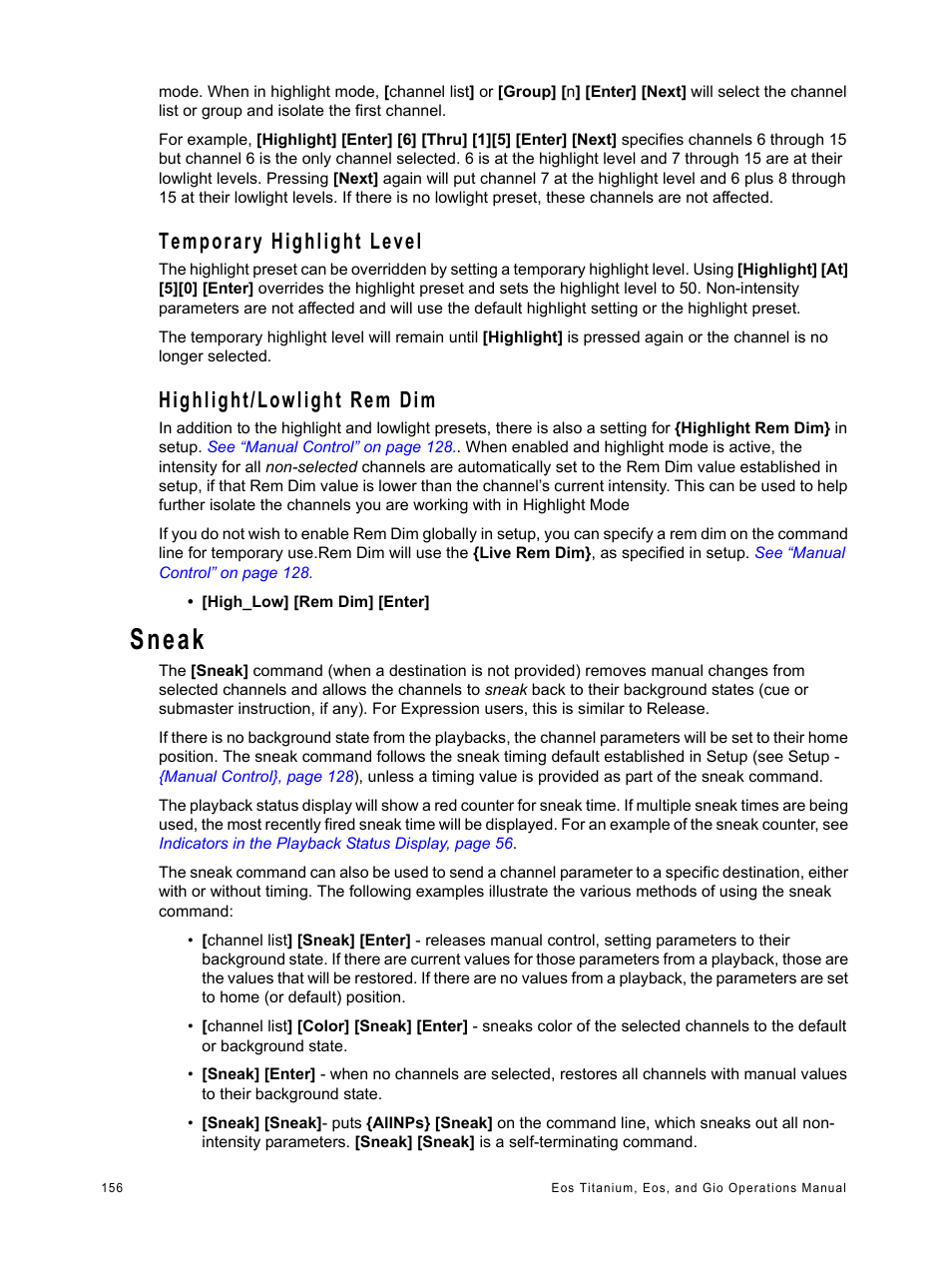 Temporary highlight level, Highlight/lowlight rem dim, Sneak | ETC Eos Titanium, Eos, and Gio v2.0.0 User Manual | Page 174 / 476