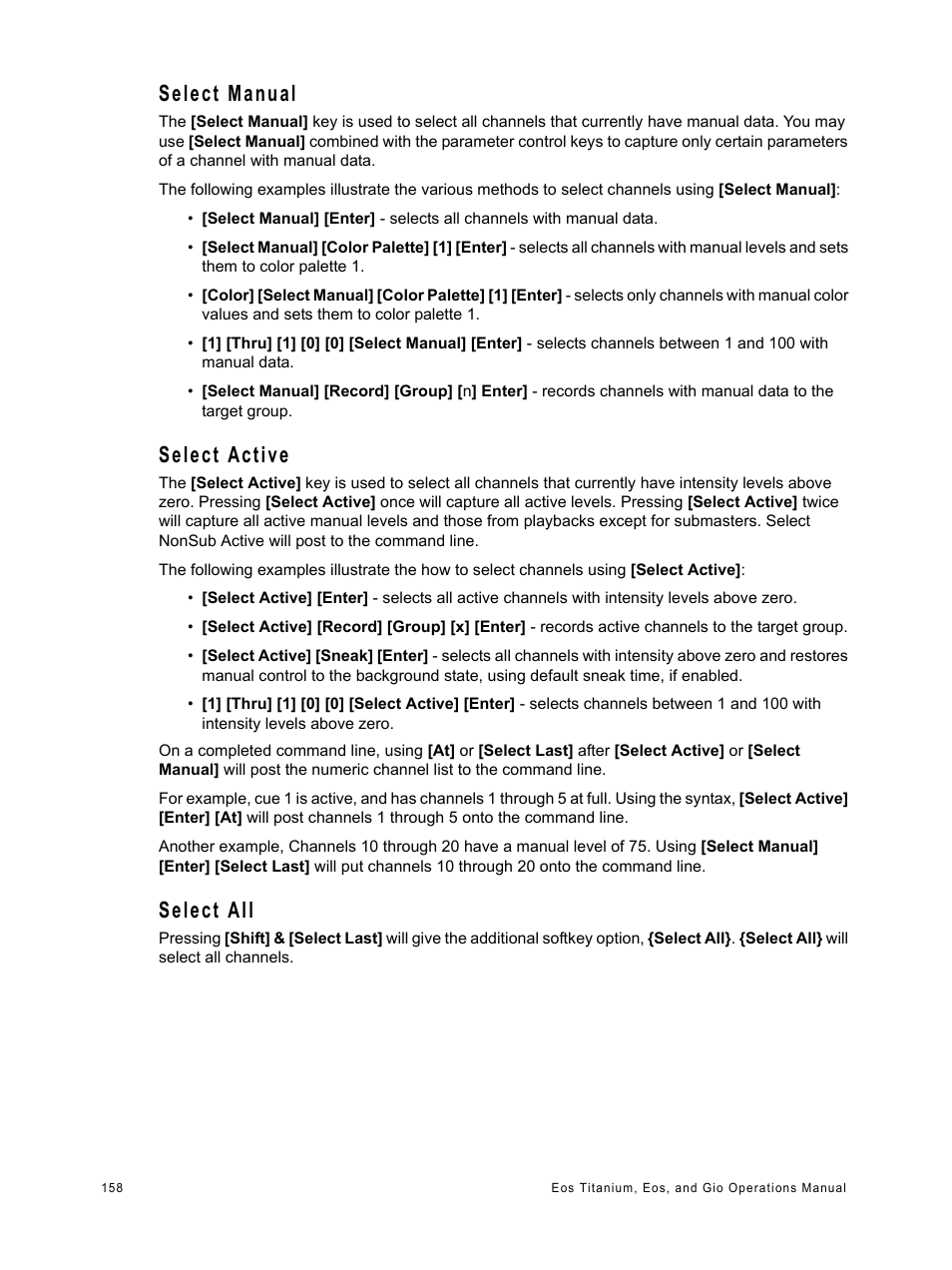 Select manual, Select active, Select all | Select manual select active select all | ETC Eos Titanium, Eos, and Gio v2.0.0 User Manual | Page 176 / 476