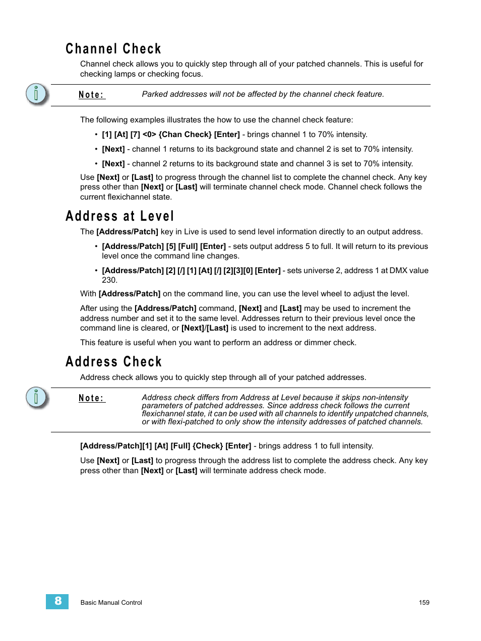 Channel check, Address at level, Address check | ETC Eos Titanium, Eos, and Gio v2.0.0 User Manual | Page 177 / 476