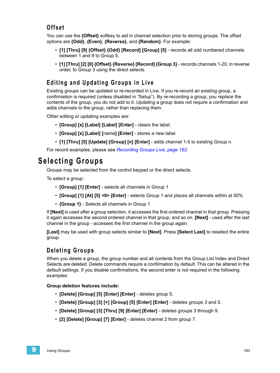 Offset, Editing and updating groups in live, Selecting groups | Deleting groups, Offset editing and updating groups in live | ETC Eos Titanium, Eos, and Gio v2.0.0 User Manual | Page 181 / 476