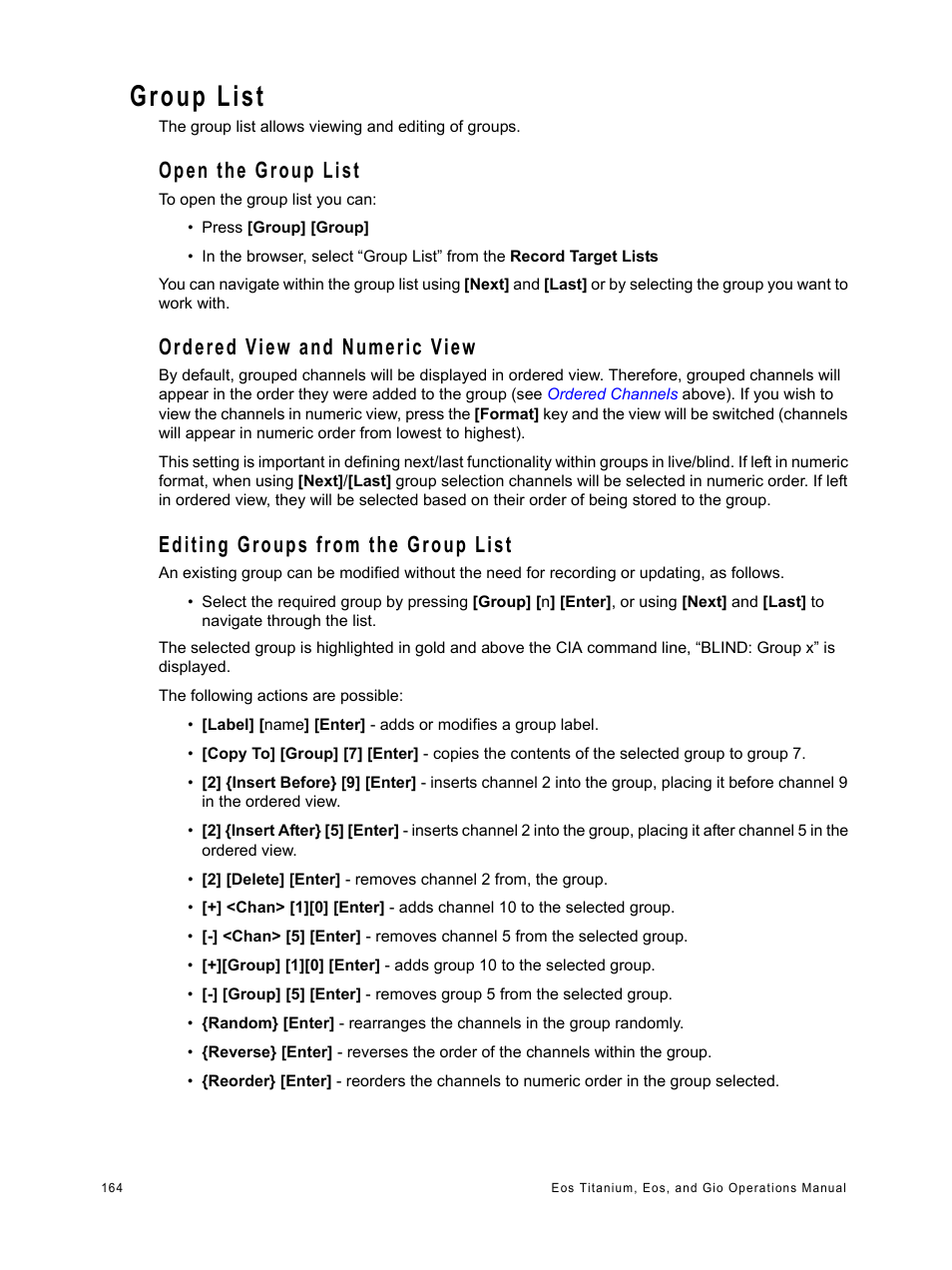 Group list, Open the group list, Ordered view and numeric view | Editing groups from the group list | ETC Eos Titanium, Eos, and Gio v2.0.0 User Manual | Page 182 / 476