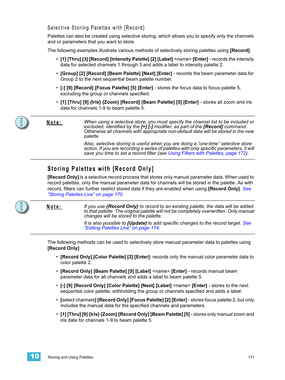 Storing palettes with [record only, Selective storing palettes with [record, N o t e | ETC Eos Titanium, Eos, and Gio v2.0.0 User Manual | Page 189 / 476