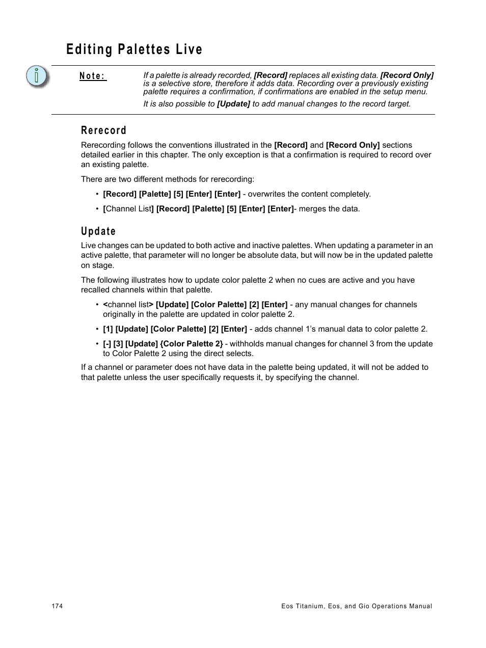 Editing palettes live, Rerecord, Update | Rerecord update | ETC Eos Titanium, Eos, and Gio v2.0.0 User Manual | Page 192 / 476