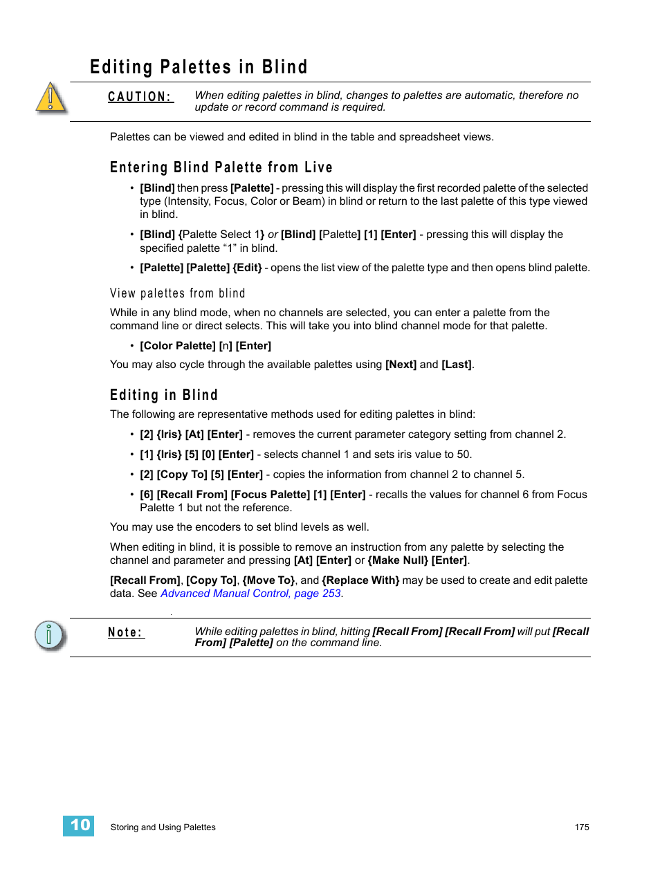 Editing palettes in blind, Entering blind palette from live, Editing in blind | Entering blind palette from live editing in blind | ETC Eos Titanium, Eos, and Gio v2.0.0 User Manual | Page 193 / 476