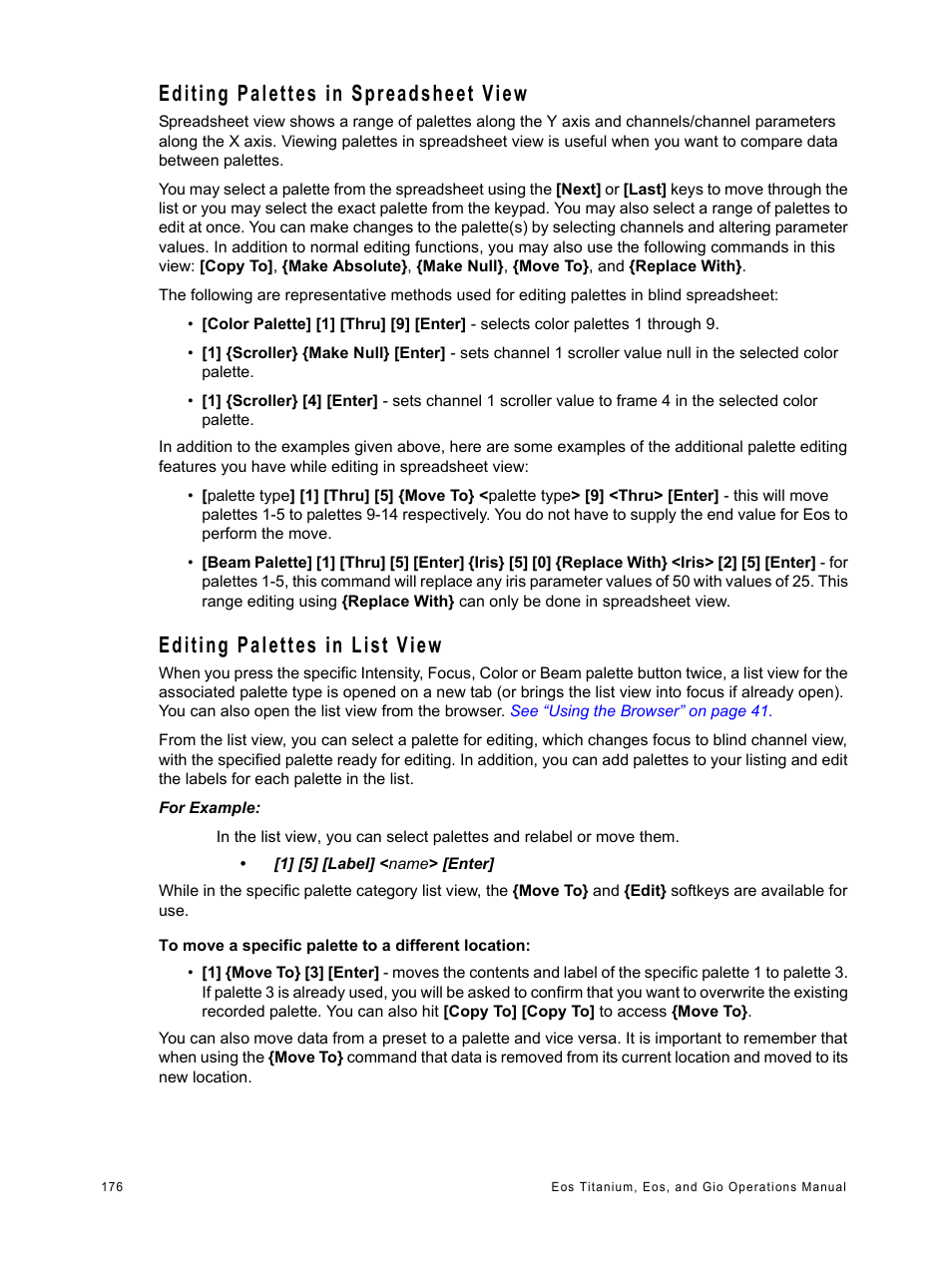 Editing palettes in spreadsheet view, Editing palettes in list view | ETC Eos Titanium, Eos, and Gio v2.0.0 User Manual | Page 194 / 476