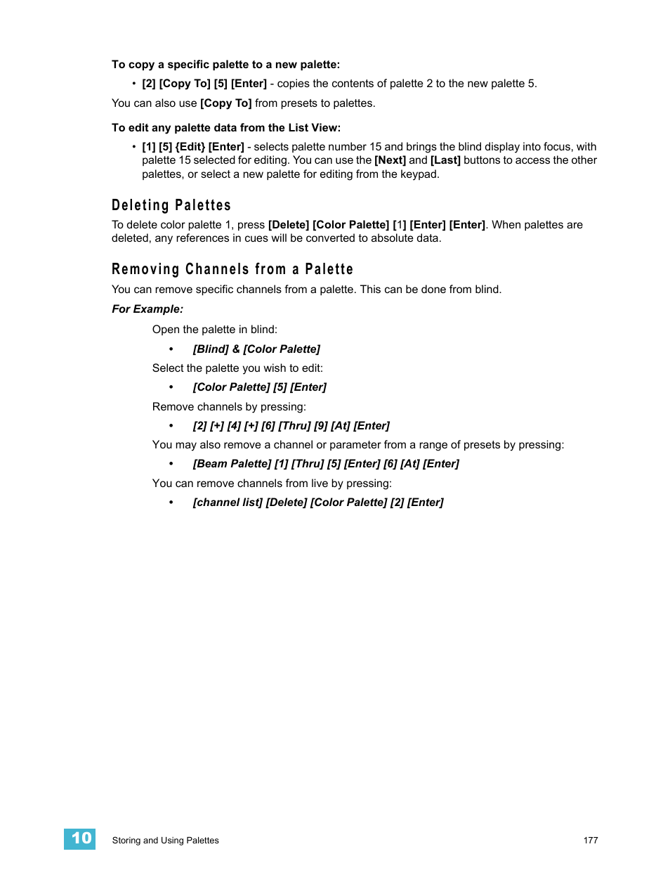 Deleting palettes, Removing channels from a palette, Deleting palettes removing channels from a palette | ETC Eos Titanium, Eos, and Gio v2.0.0 User Manual | Page 195 / 476