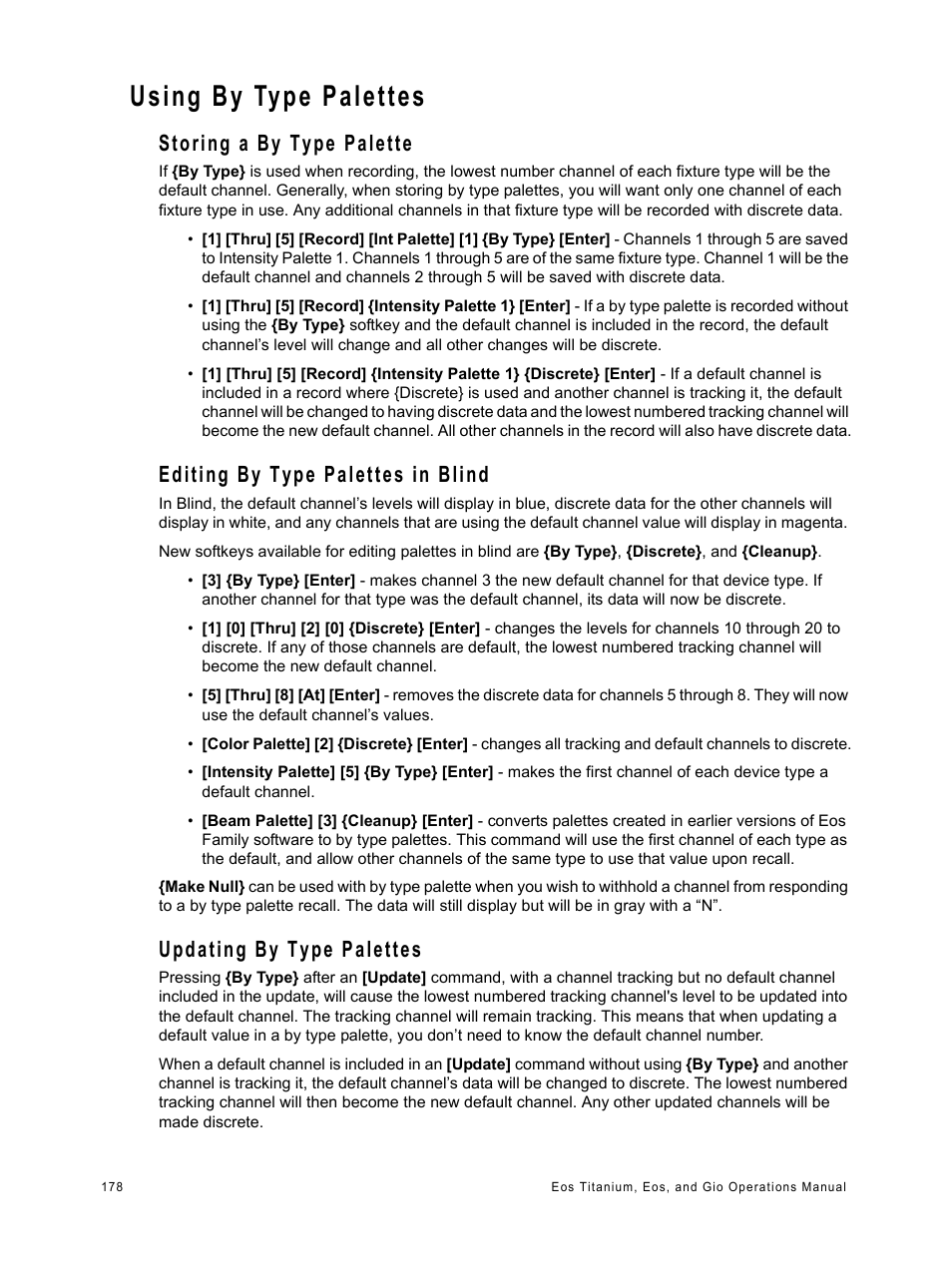 Using by type palettes, Storing a by type palette, Editing by type palettes in blind | Updating by type palettes | ETC Eos Titanium, Eos, and Gio v2.0.0 User Manual | Page 196 / 476