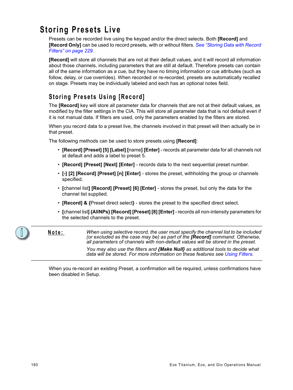 Storing presets live, Storing presets using [record | ETC Eos Titanium, Eos, and Gio v2.0.0 User Manual | Page 198 / 476