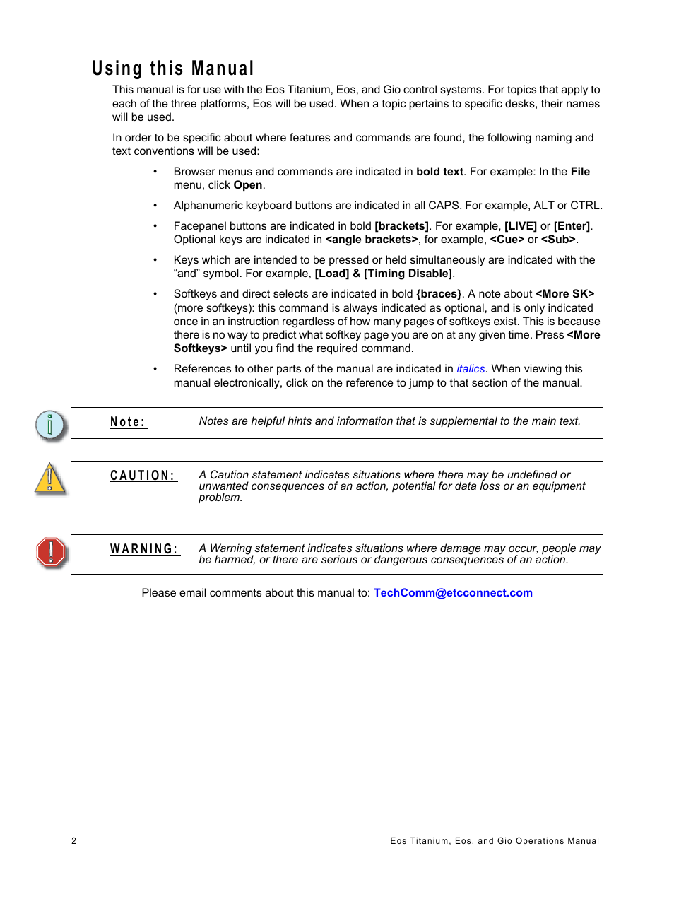 Using this manual | ETC Eos Titanium, Eos, and Gio v2.0.0 User Manual | Page 20 / 476