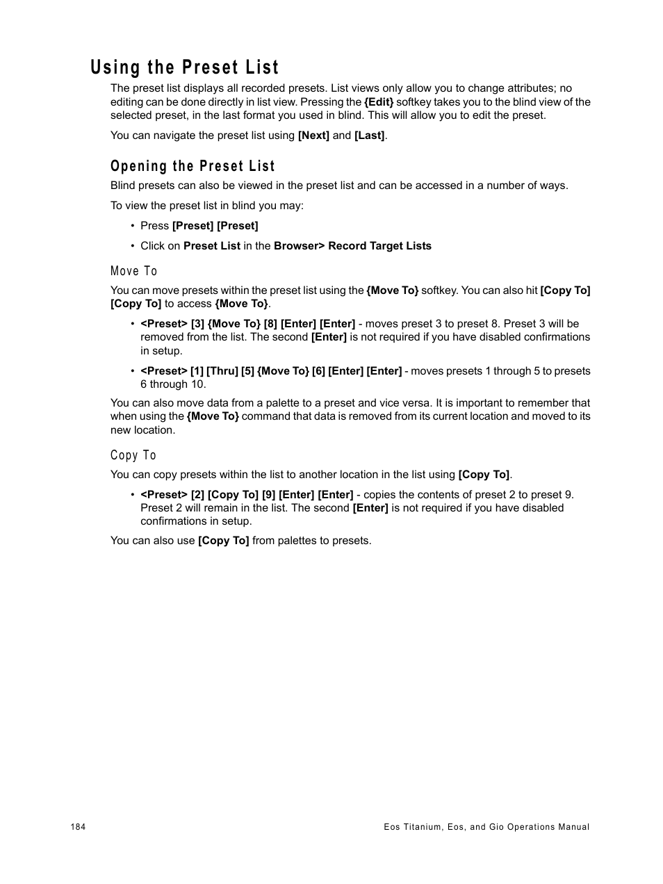 Using the preset list, Opening the preset list | ETC Eos Titanium, Eos, and Gio v2.0.0 User Manual | Page 202 / 476