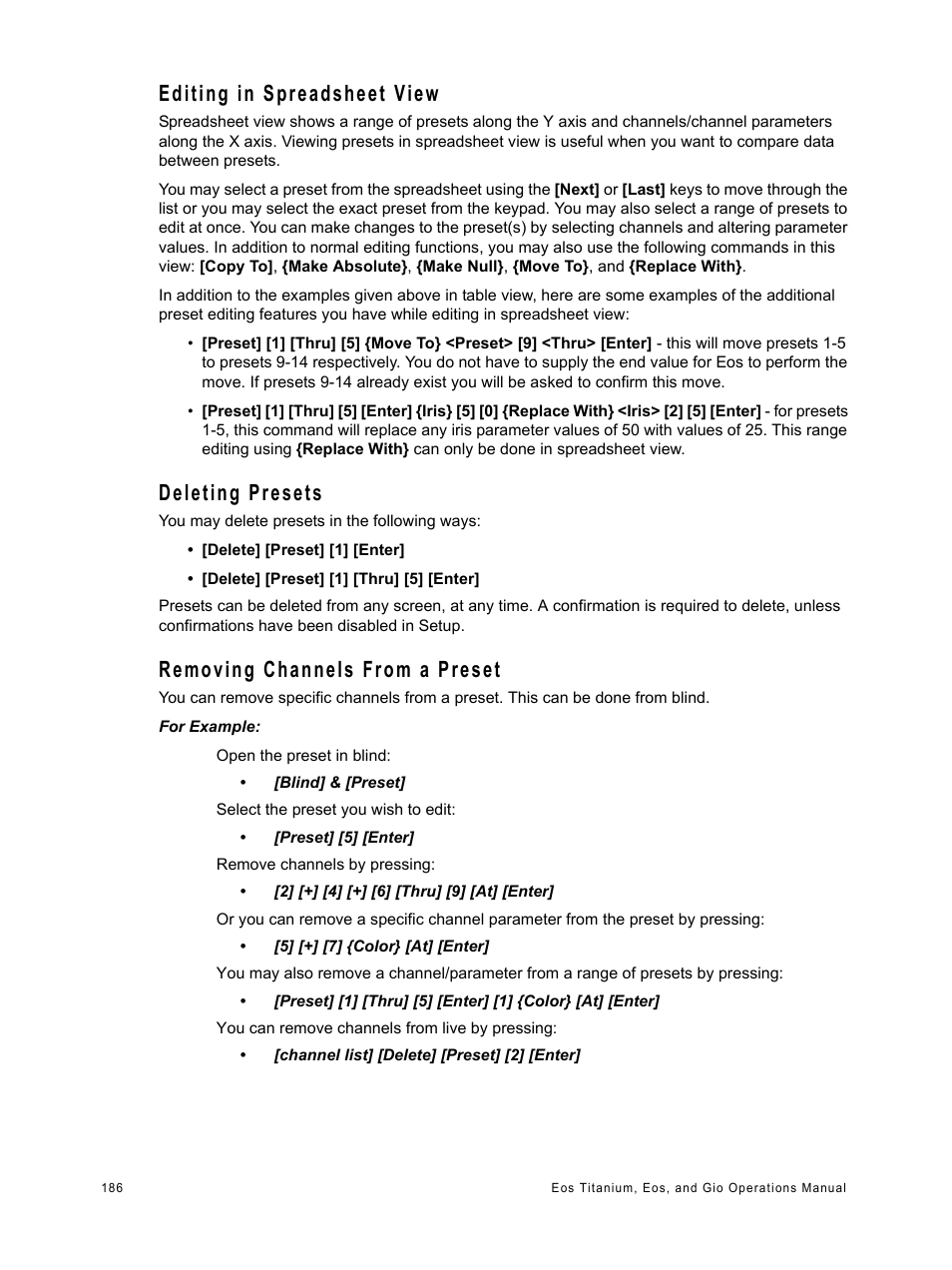 Editing in spreadsheet view, Deleting presets, Removing channels from a preset | ETC Eos Titanium, Eos, and Gio v2.0.0 User Manual | Page 204 / 476