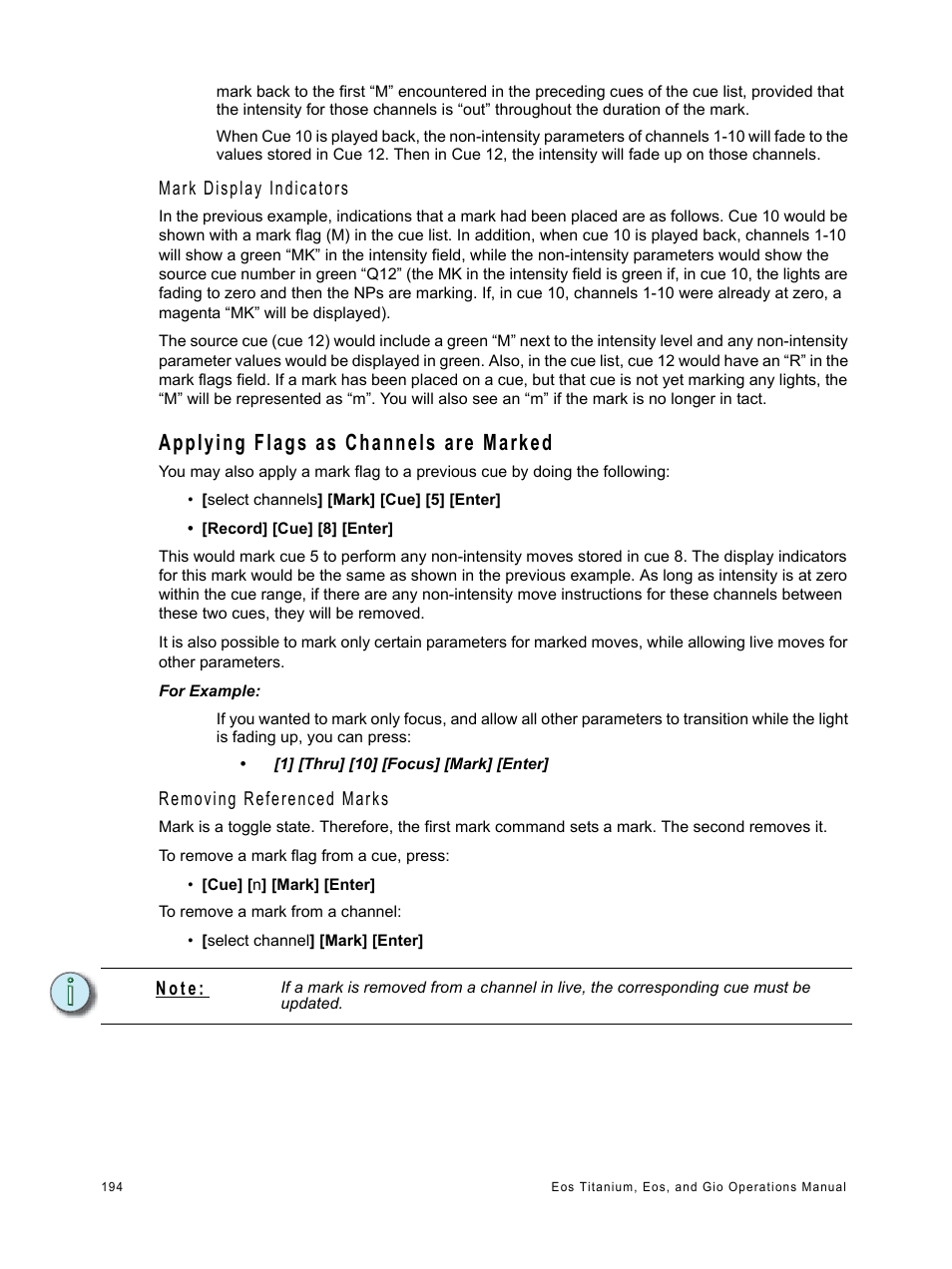 Applying flags as channels are marked, Mark display indicators, Removing referenced marks | N o t e | ETC Eos Titanium, Eos, and Gio v2.0.0 User Manual | Page 212 / 476