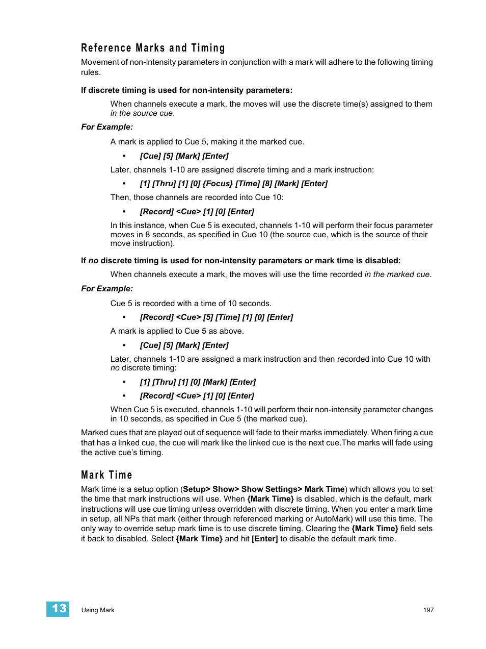 Reference marks and timing, Mark time, Reference marks and timing mark time | In which case | ETC Eos Titanium, Eos, and Gio v2.0.0 User Manual | Page 215 / 476