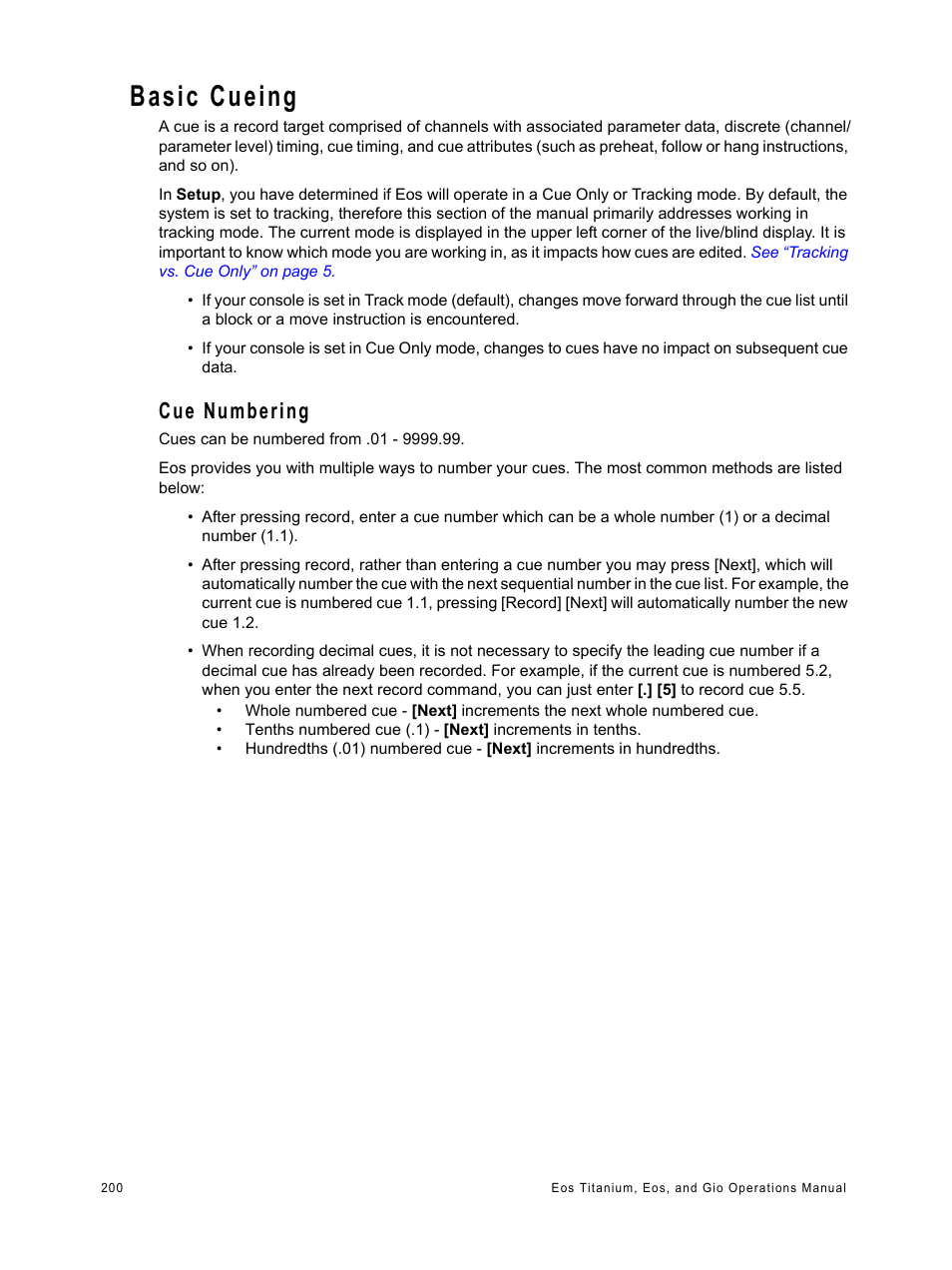 Basic cueing, Cue numbering | ETC Eos Titanium, Eos, and Gio v2.0.0 User Manual | Page 218 / 476