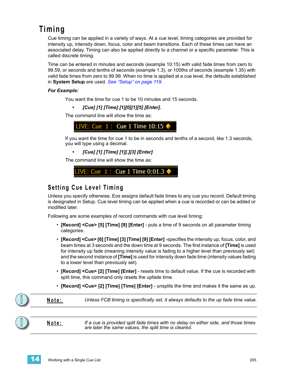 Timing, Setting cue level timing | ETC Eos Titanium, Eos, and Gio v2.0.0 User Manual | Page 223 / 476